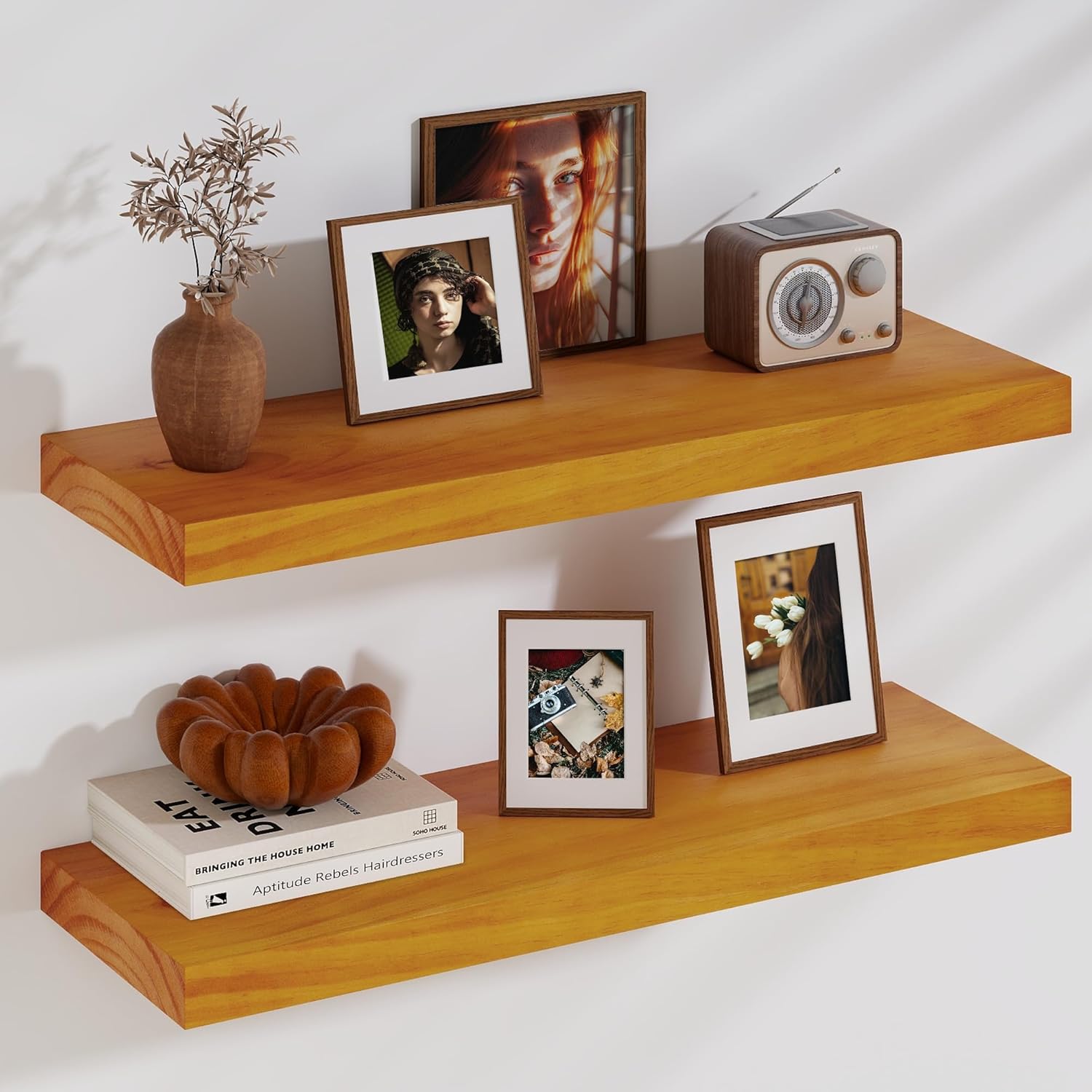 Fun Memories Floating Shelves, 9.3'' Deep Solid Pine Wood Wall Shelves for Storage, Wall Mounted Display Shelf with Invisible Heavy-Duty Metal Bracket, 36'' Width Set of 2, Honey Oak