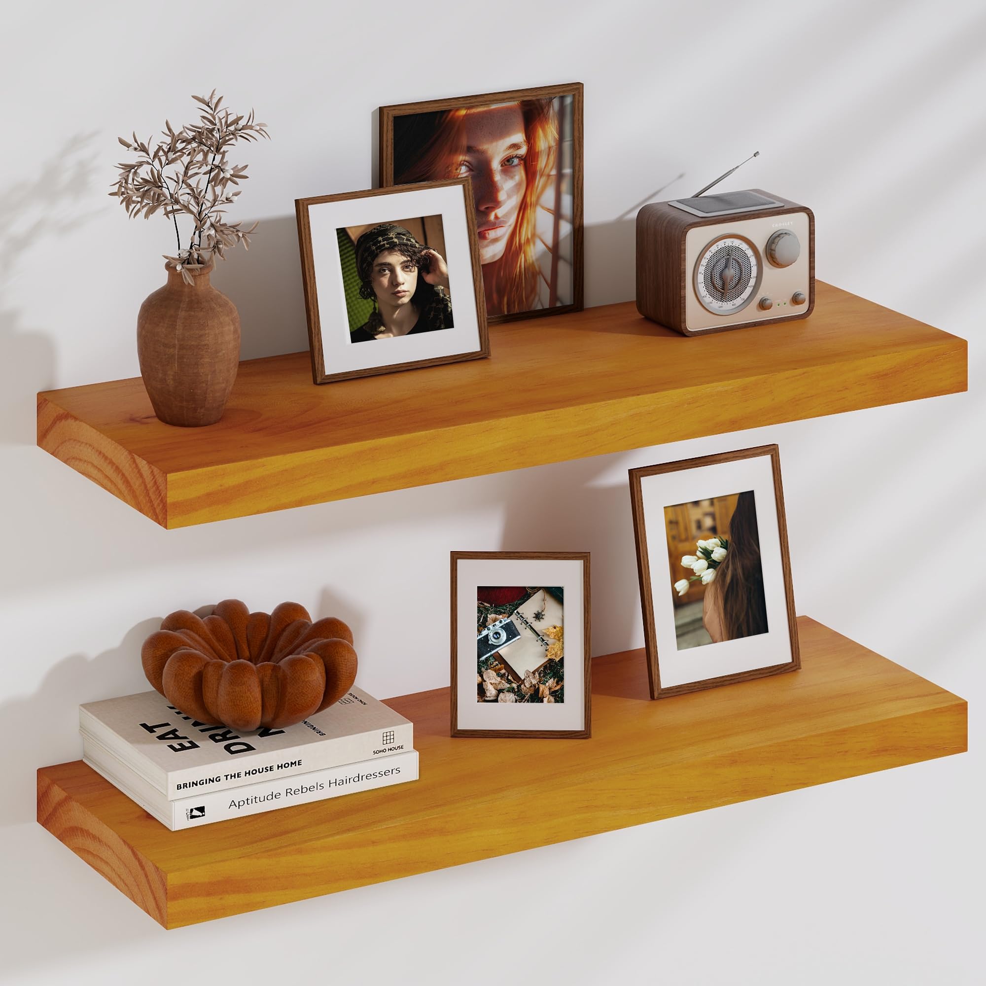 Fun MemoriesFloating Shelves, 9.3'' Deep Solid Pine Wood Wall Shelves for Storage, Wall Mounted Display Shelves with Invisible Heavy-Duty Metal Bracket, 36'' Width Set of 2, Honey Oak