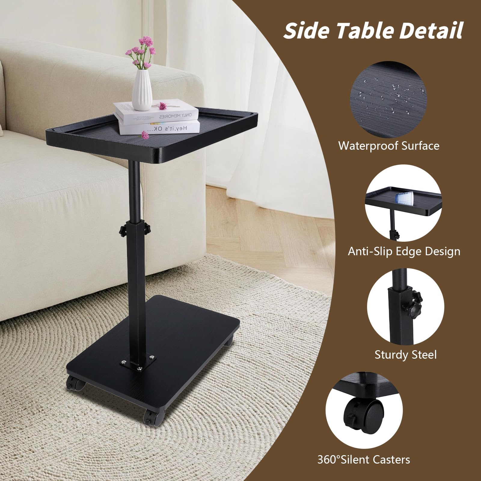 XUDREZ Mesa auxiliar ajustable en forma de C con 4 ruedas giratorias de 360°, mesa auxiliar para sala de estar, dormitorio, sofá, bañera, mesita de noche, lactancia (negro)