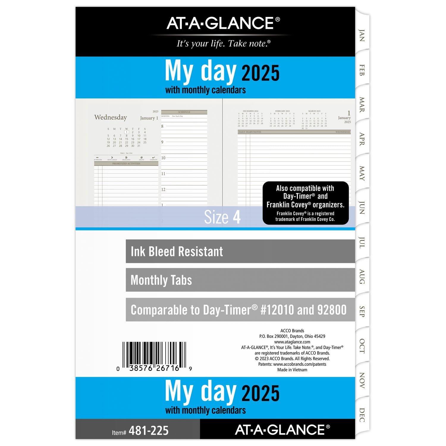 AT-A-GLANCE2025 Planner, Daily, 5-1/2" x 8-1/2", Desk Size, Two Page Per Day Refill, Loose-Leaf (481-225-25)