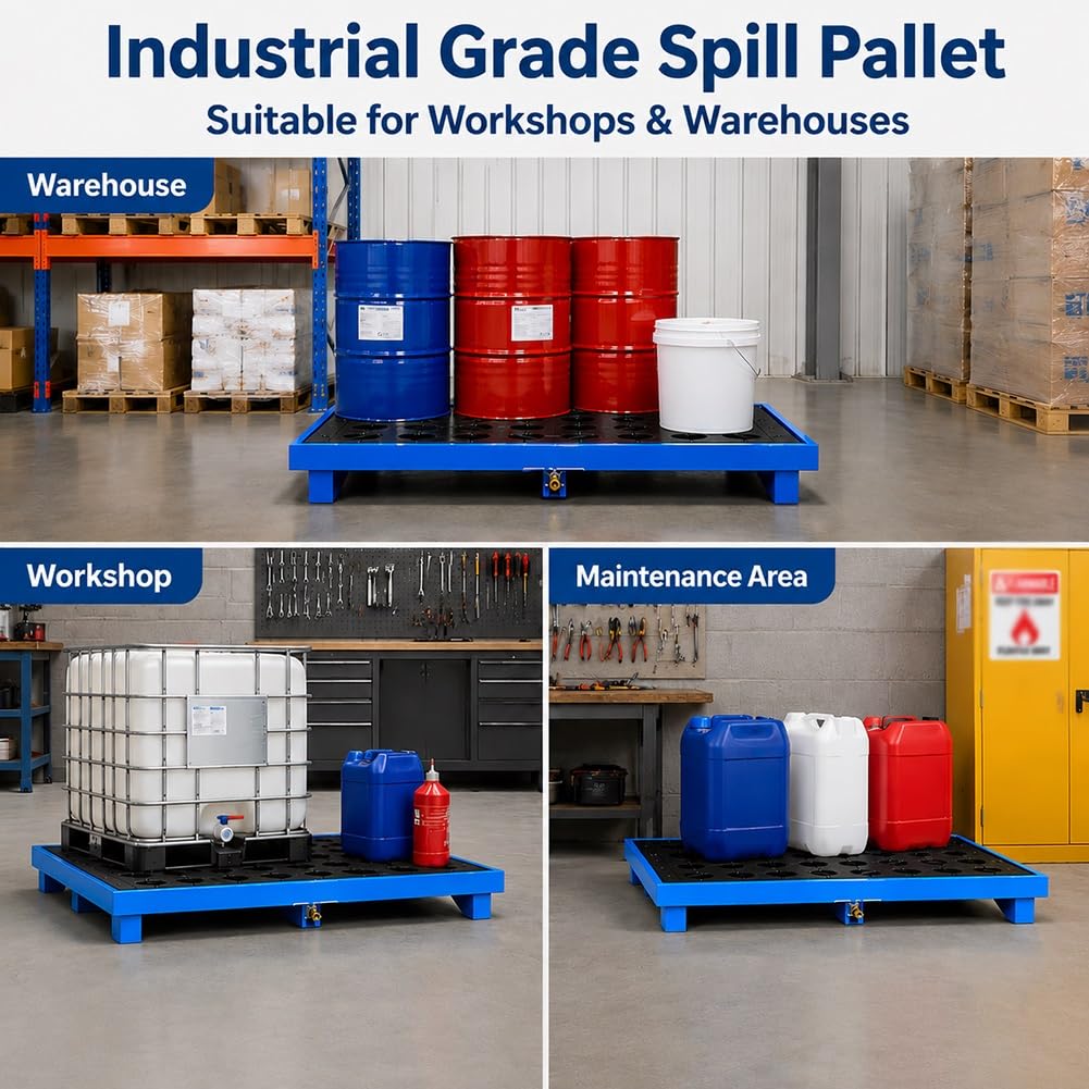 Palé Metálico De Contención De Derrames | Plataforma industrial de acero para contención de derrames | Espesor de 2,0 mm | Para transporte(Azul)