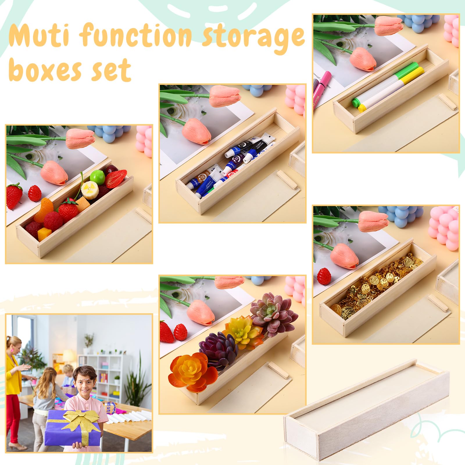 Spiareal 16 Pcs Unfinished Wood Pencil Box with Sliding Lid Rectangle Unpainted Storage Box for DIY Craft Making Jewelry Box Holiday Gift 7.7" x 2.2" x 1.4"