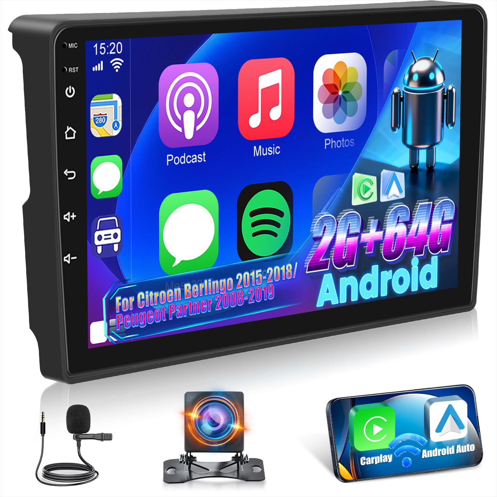[2G+64G] Android Autoradio pour Citroën Berlingo 2015-2018/Peugeot Partner 2008-2019 avec sans Fil Carplay et Android Auto, Écran Tactile HD de 9 Pouces avec GPS/WiFi/Bluetooth/EQ/FM RDS