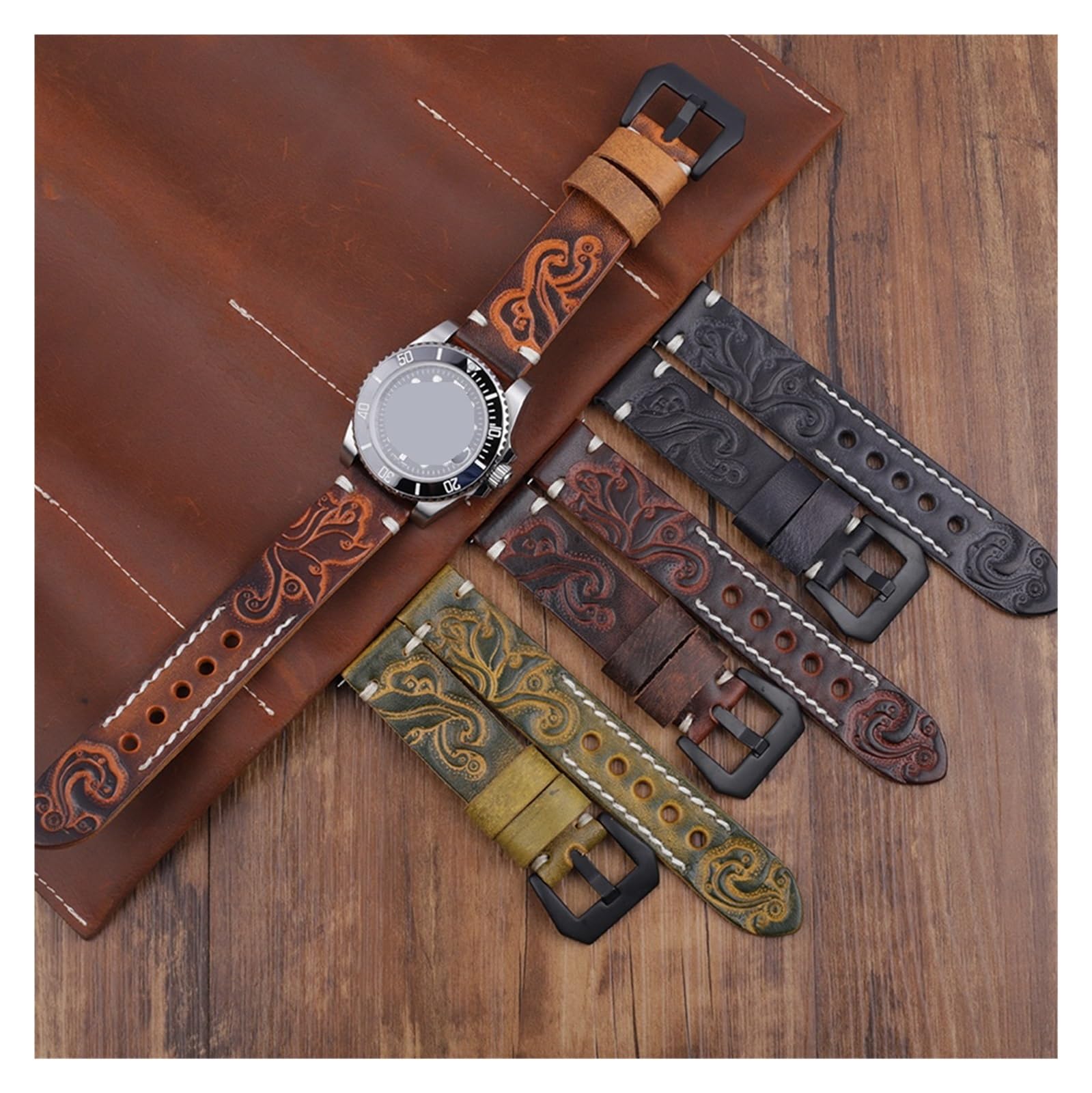 Ręcznie grawerowany pasek do zegarka ze skóry bydlęcej w stylu vintage 18 20 22 24 mm Wymiana prawdziwej skóry