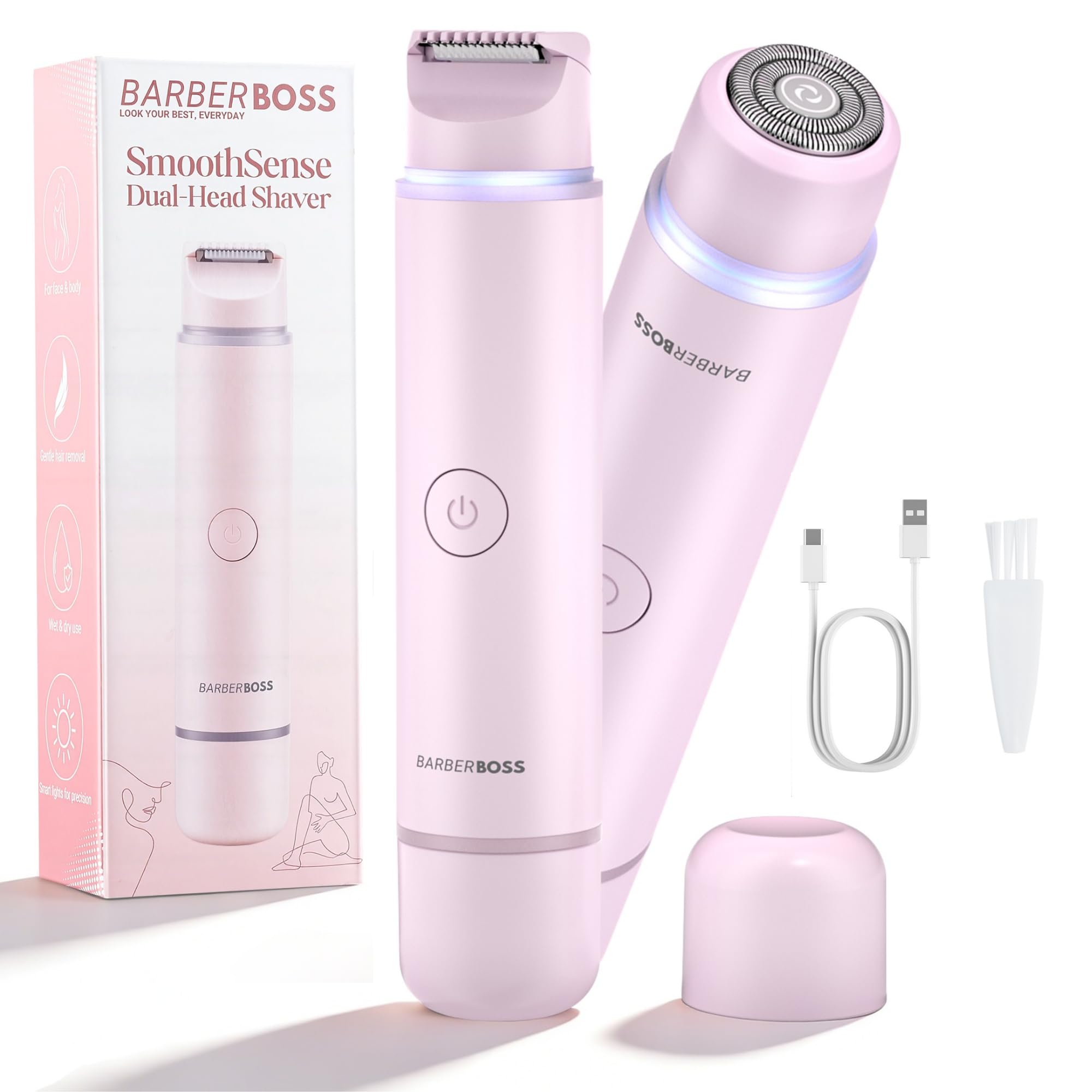 BarberBoss 2-in-1 Damenrasierer für Frauen, Bikini- & Gesichtshaarentferner, Doppelkopf Körper- und Gesichtstrimmer (Rosa) | Bikini- & Gesichtshaarentferner-Kit, Doppelkopf-Gesichts- und Körper-Trimmer, Präzisionslicht, Wiederaufladbar