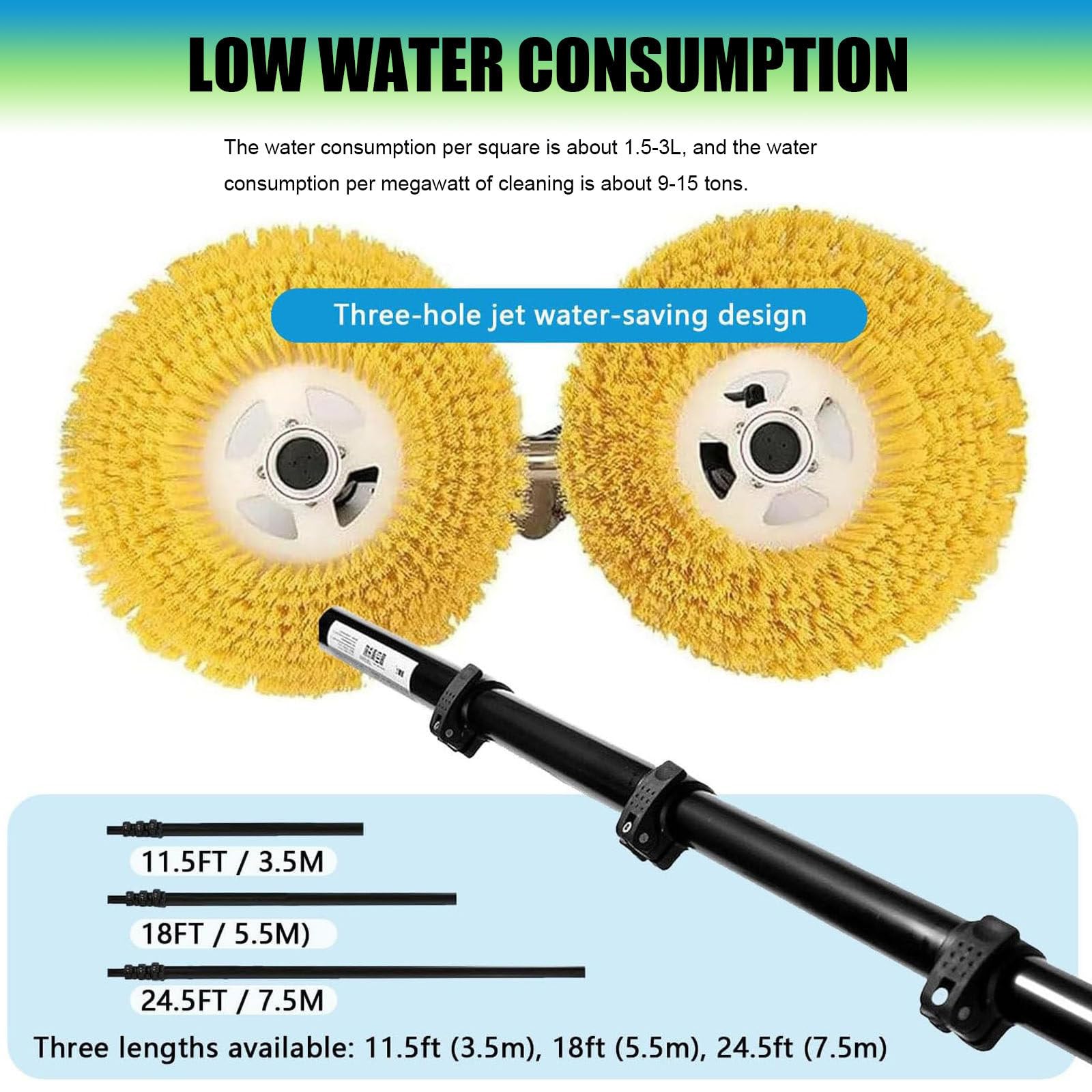 Brosse automatique à double tête avec tête de 65 cm de large, tige télescopique, système d'alimentation en eau pour façades et panneaux photovoltaïques, 3,5 m