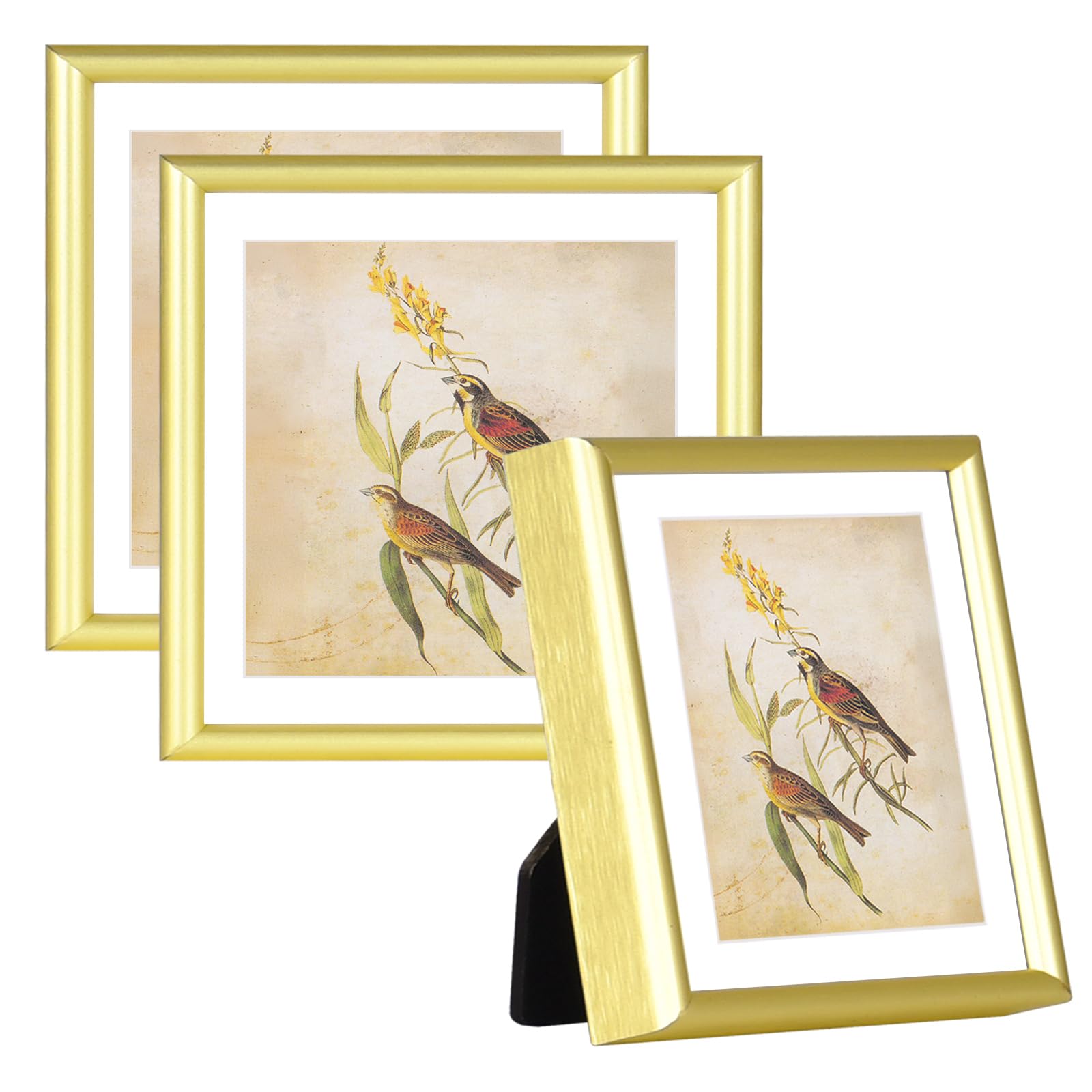 3x3 Picture Frame Set of 3, Gold Aluminum Metal Square Photo Frame with HD Glass, Fits 2x2 with Mat or 3 x 3 without Mat, Display For Tabletop or Wall Collage