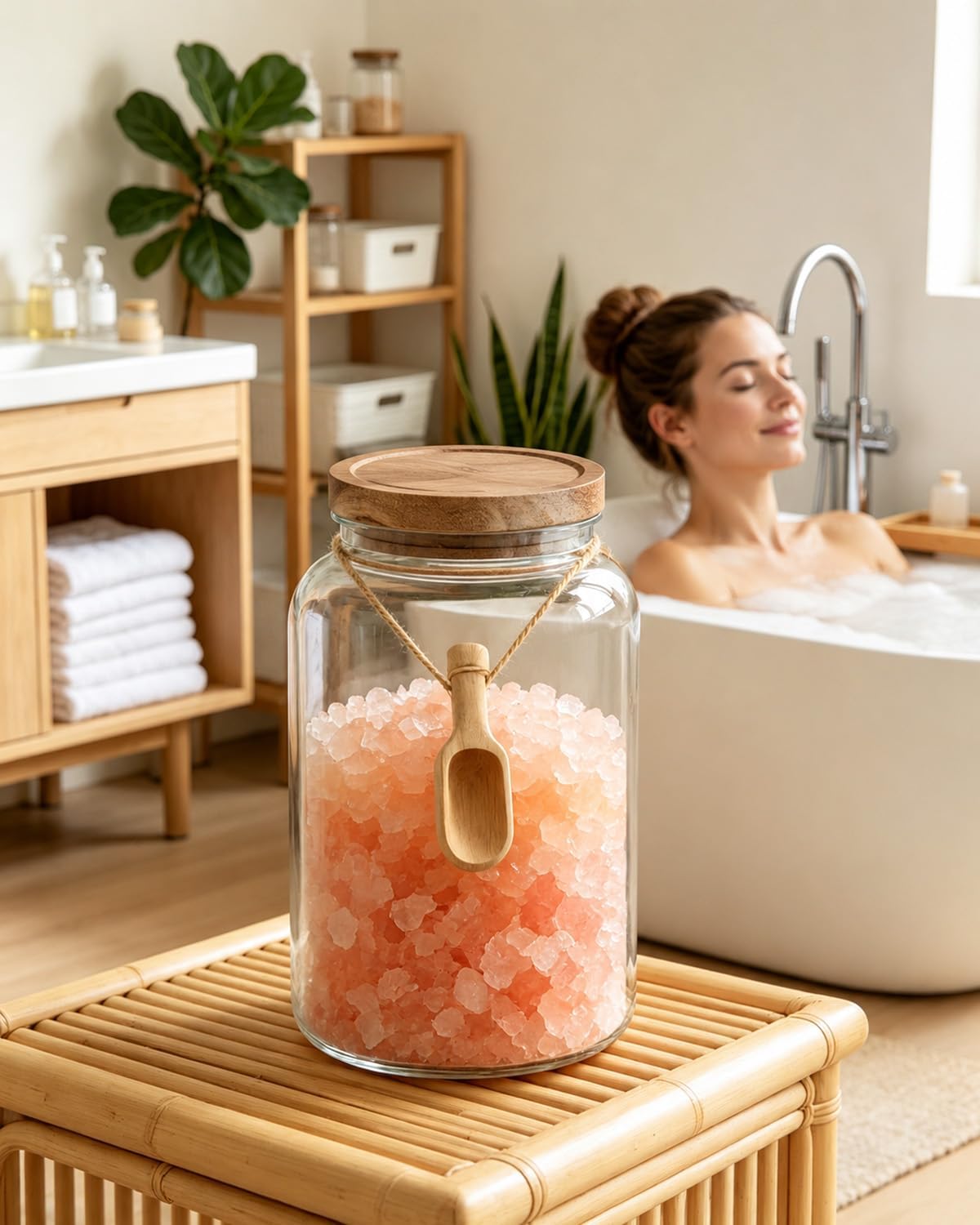 94 oz Large Bath Salt Container - Glass Bath Salt Jar with Airtight Wooden Lid and Scoop, Glass Storage Canister for Master Bathroom Decor & Organization, Bathtub Accessories for Women