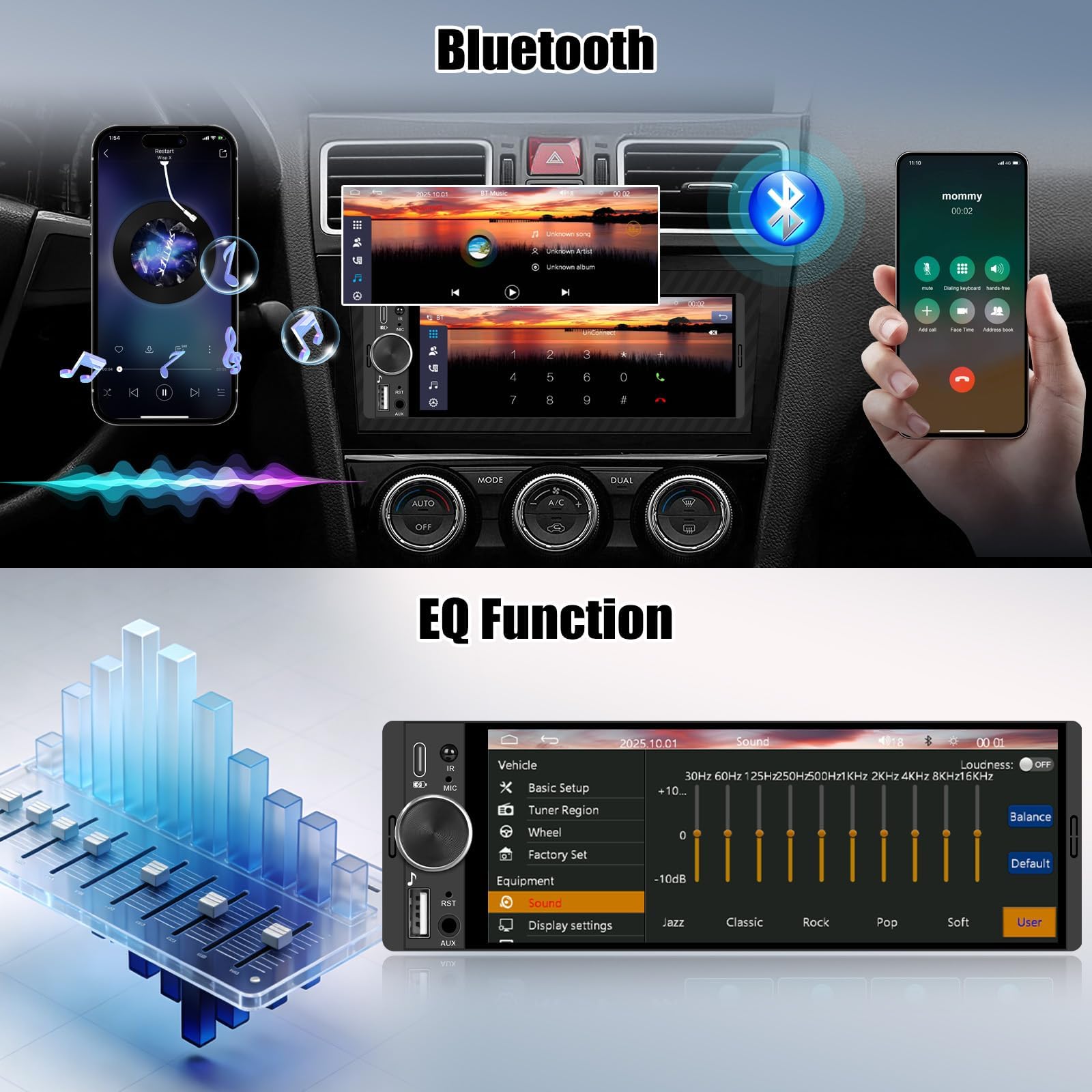 CAMECHO [CARPLAY] 1-DIN radio samochodowe z bezprzewodowym CarPlay i Android Auto ekranem IPS 6,28 cala dotykowym radio do samochodu 1 DIN z Bluetooth łączeniem lustrzanym FM EQ MP5