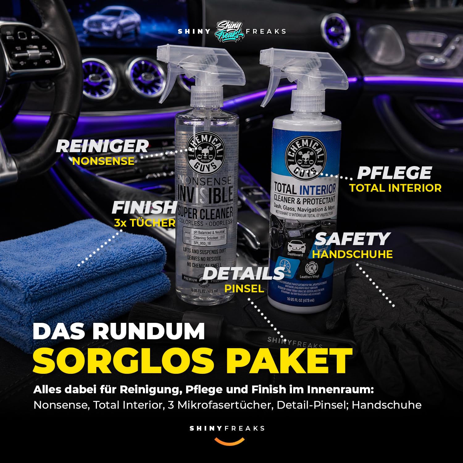 Chemical Guys Interior Detail Kit: Nonsense 473ml + Total Interior 473ml + Brush + 3 Mikrofasertücher + Handschuhe | Innenraum reinigen und pflegen | 7-teilig