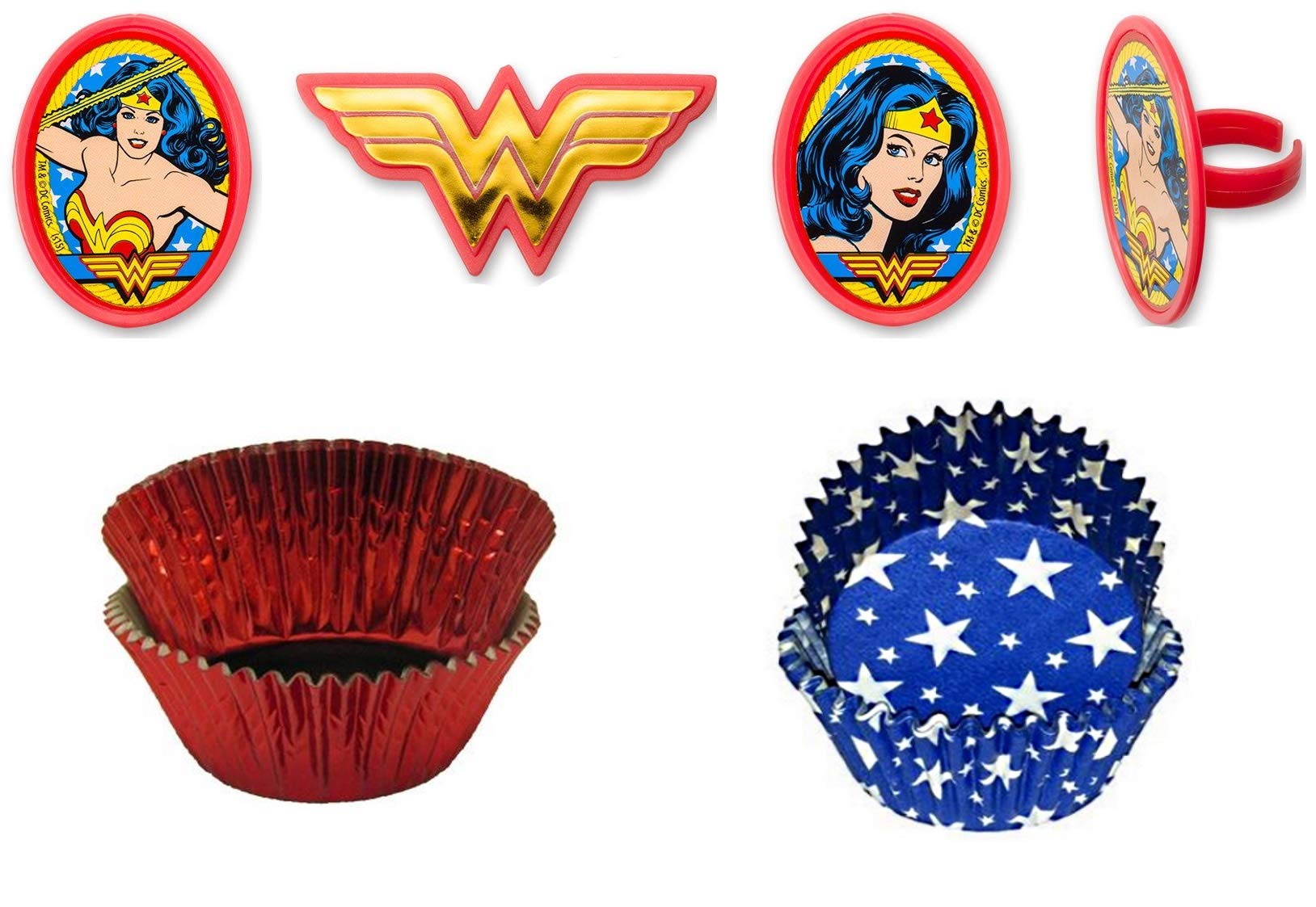 Buy WONDER WOMAN Cupcake Toppers And Liners Rings With Matching Red 