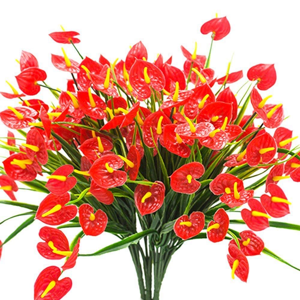 CTRLZS 4 Bunches Artificial Fake Flowers Faux Anthurium Plants Plastic Shrubs Bushes Greenery Indoor Outside Hanging Planter Home Decorations