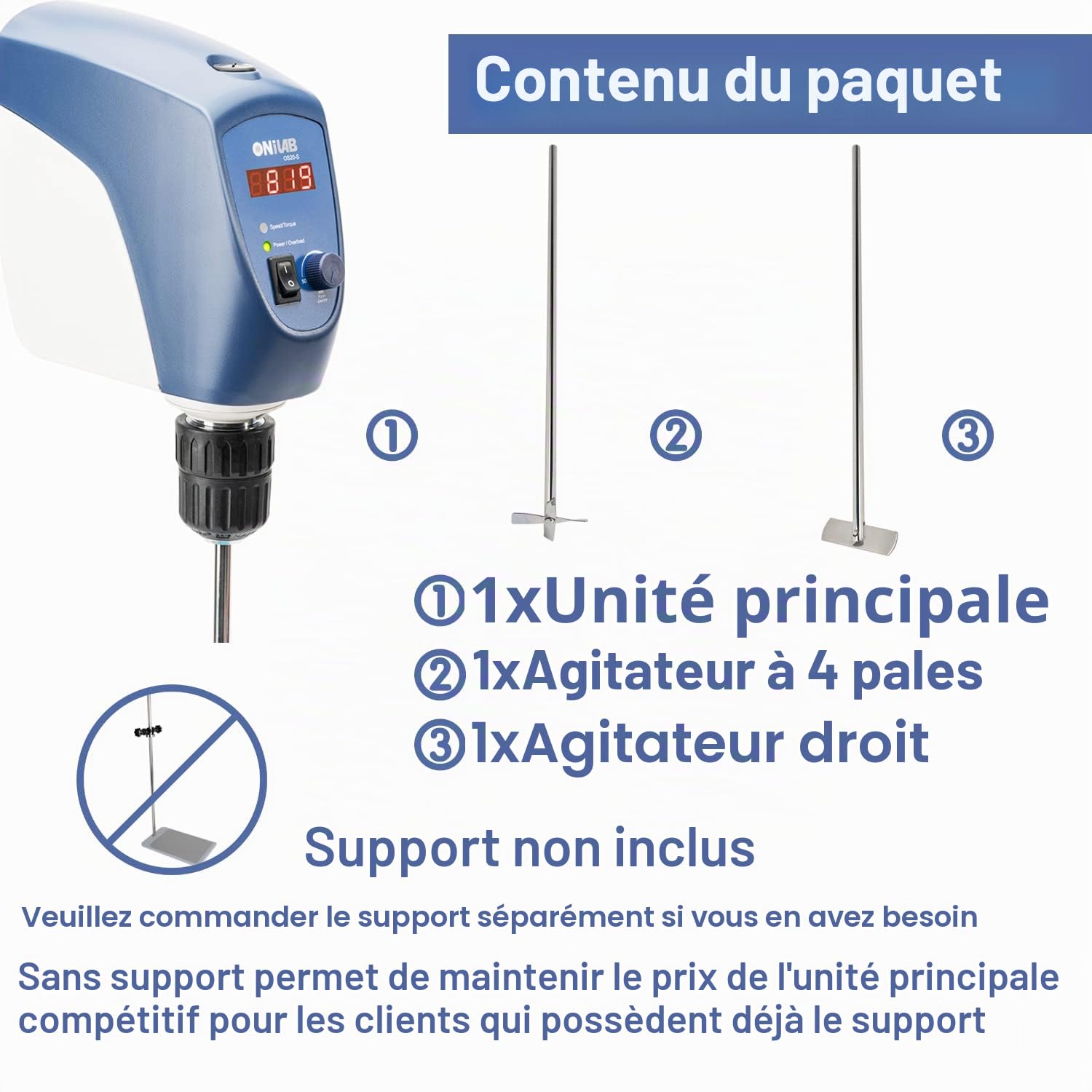 ONiLAB Mélangeur électrique, mélangeur numérique LED avec agitateur, 20 l, 10 000 mPas, 50~2200 tr/min, alliage d'aluminium (support inclus)