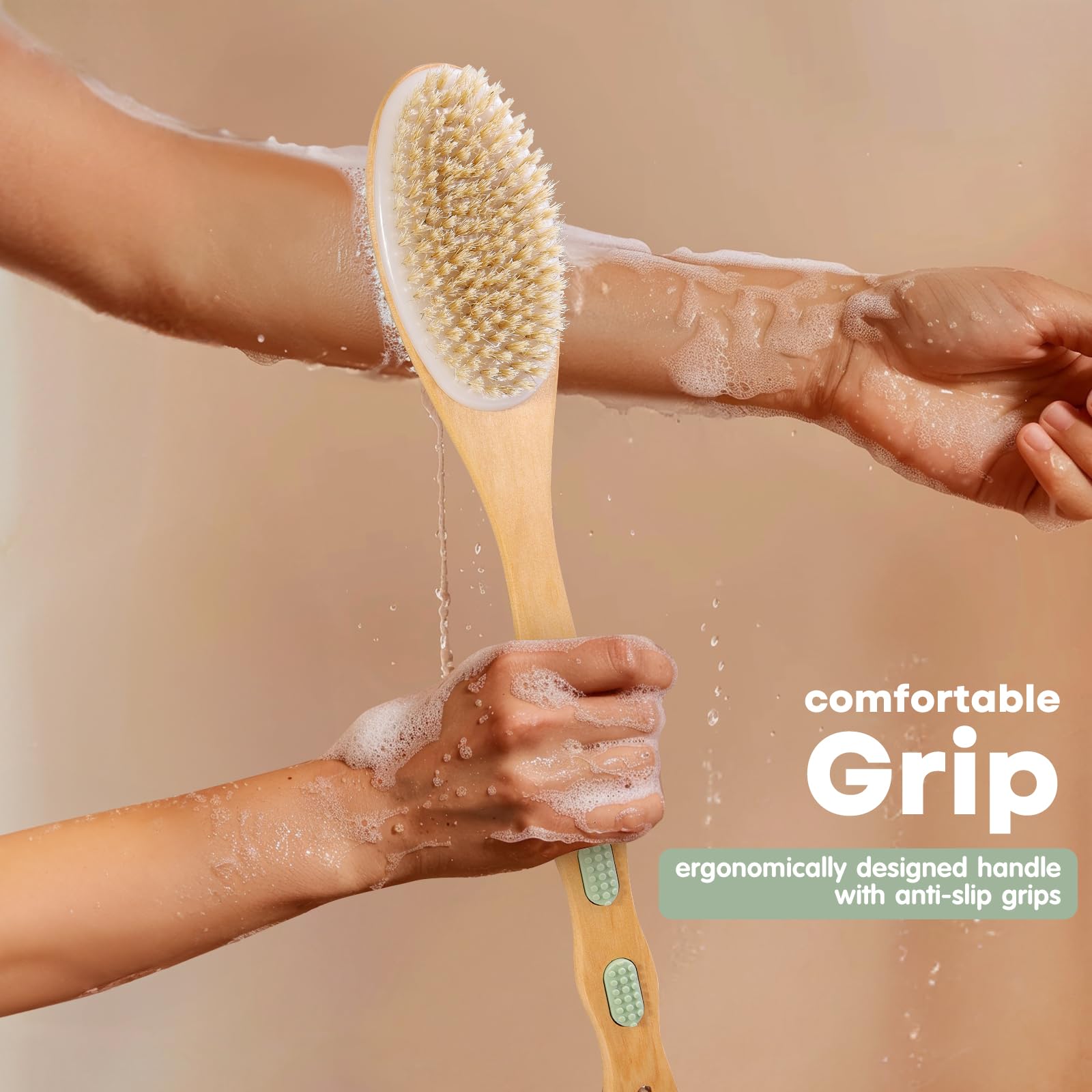 Bearona Körperbürste mit Peeling-Handschuh, doppelseitiger langer Griff mit weichen und steifen Naturborsten, Duschpeeling zur Entfernung abgestorbener Haut, Körperpeeling für Bad oder Trockenbürste