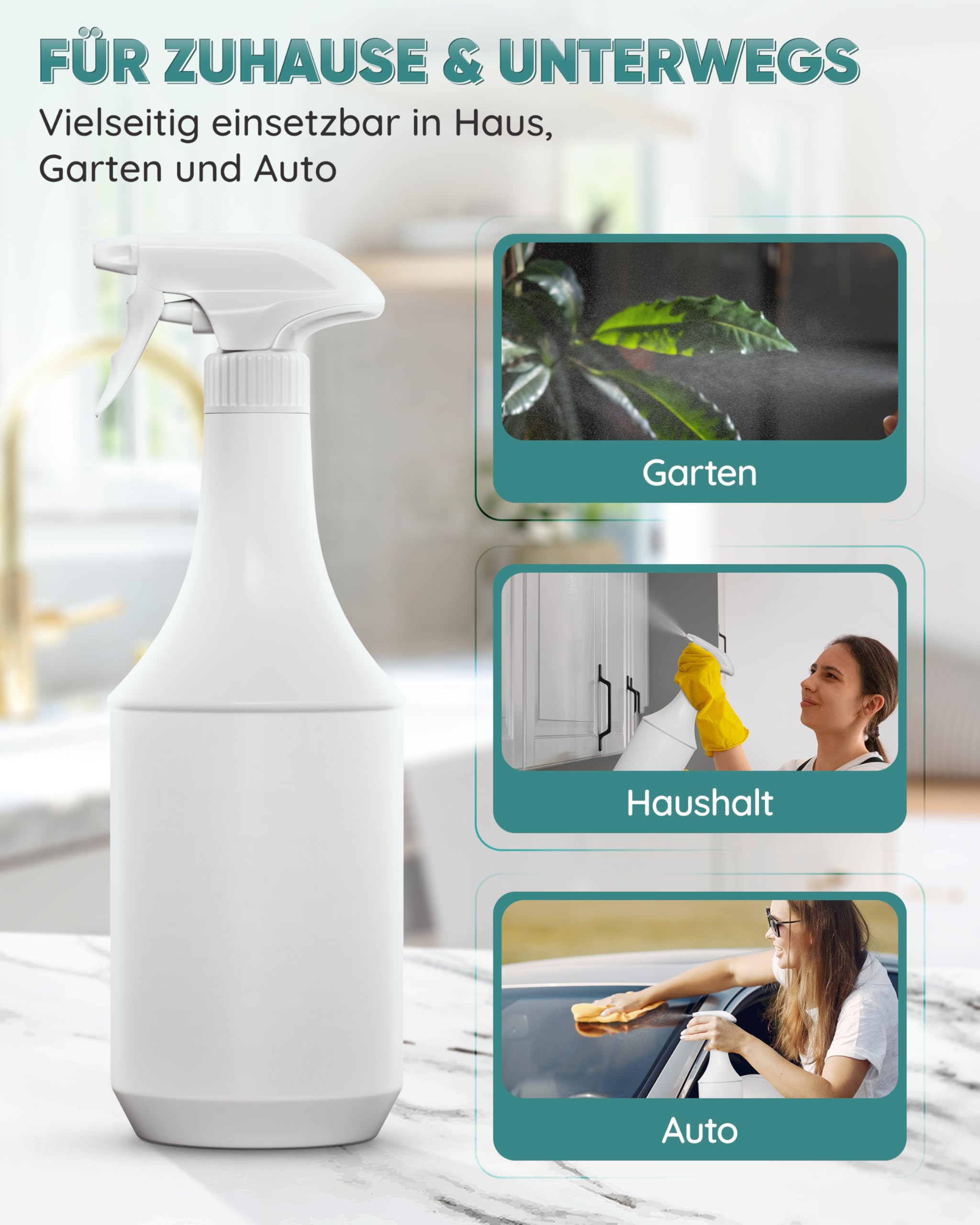 PI 10x1L Sprühflaschen mit Zerstäuber – Nachfüllbare Mehrweg-Sprühflaschen für Reinigung, Garten, Haushalt – 1000 ml Sprühbehälter im Vorratspack