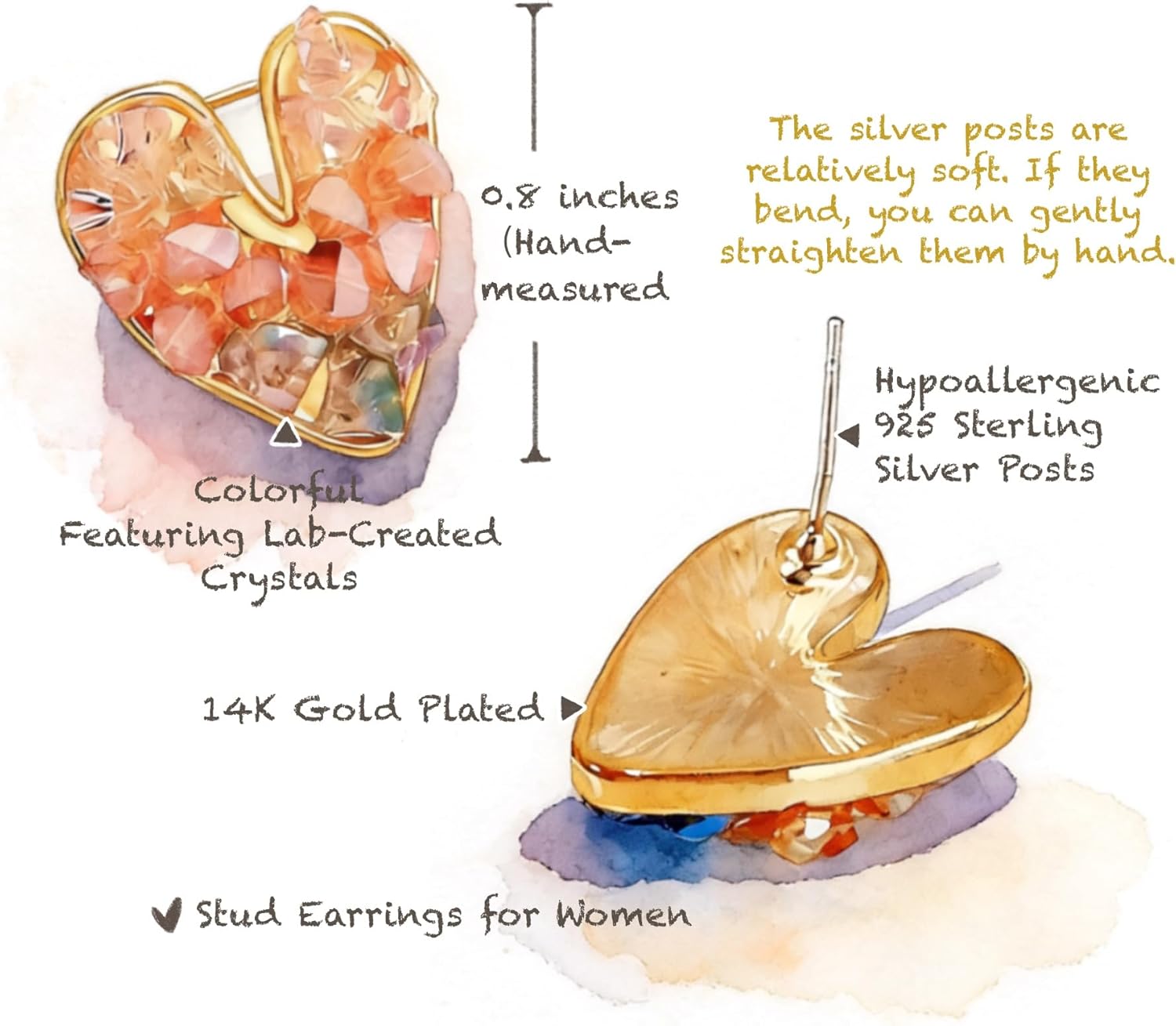 Heart Shaped Stud Dangle Earrings for Women, Featuring Lab-Created Crystals in Pink, 14K Gold Plated Romantic Love Gift, Hypoallergenic 925 Sterling Silver Posts