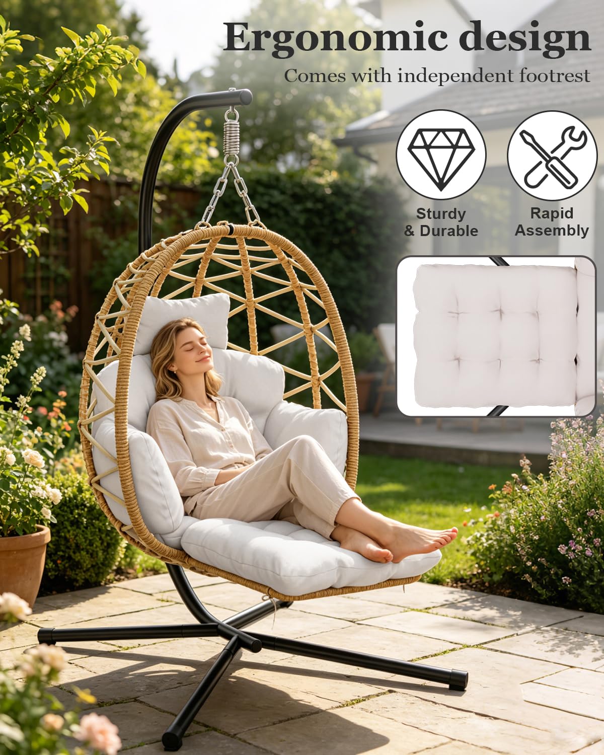 Hängesessel mit Gestell Outdoor, Hängekorb Sessel mit Fußablage und Dicke Kissen, Rattan Hängesessel mit Metallgestell, Hängestuhl für Indoor, Garten, Balkon, Terrasse, Bis 150kg