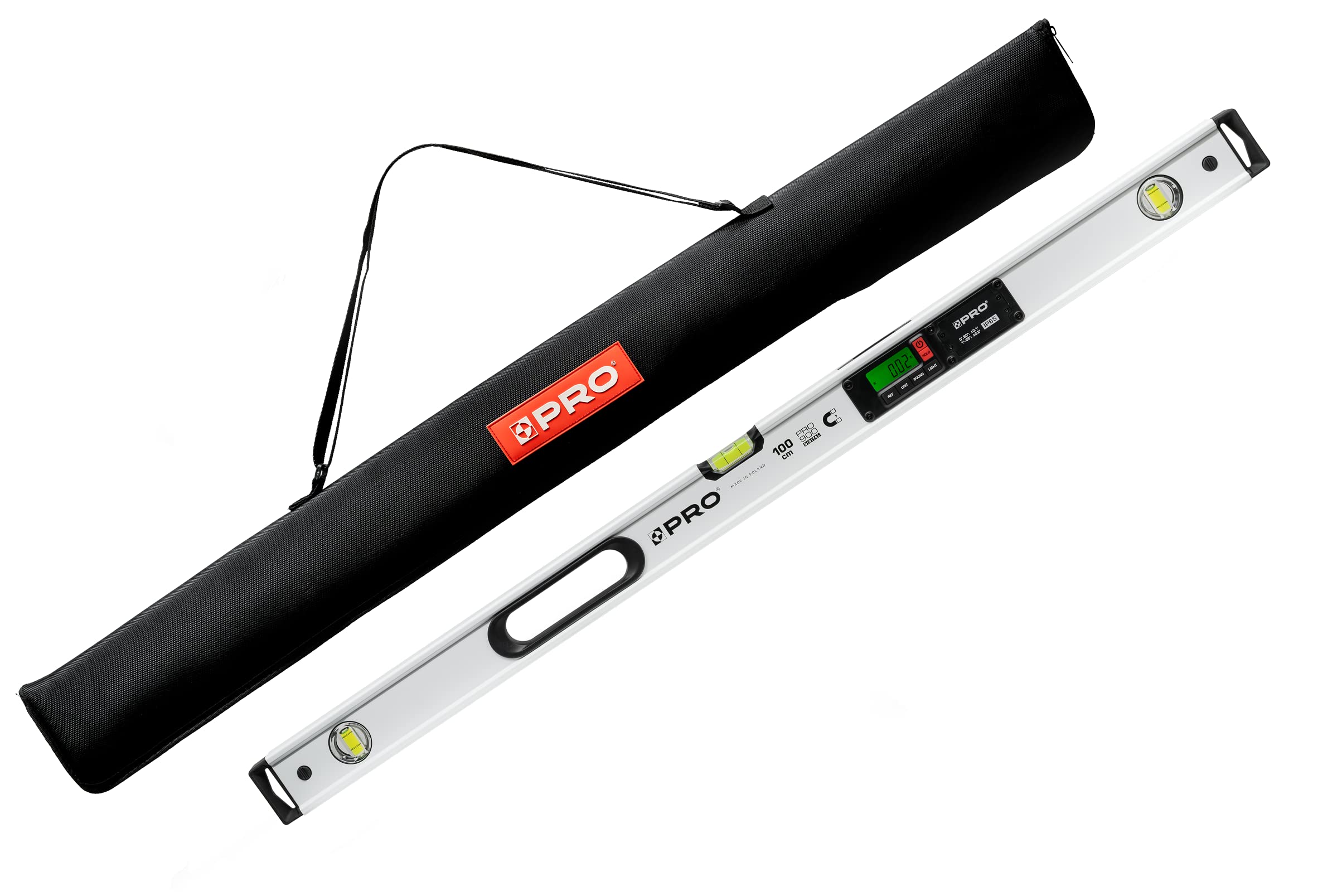 PRO900 Digitale Wasserwaage 100cm mit 2 LCD Displays und Abdeckung - Elektronische Wasserwaage mit Messwertspeicher für bis zu 19 Ergebnisse Schutzart IP65 - Farbe Weiß