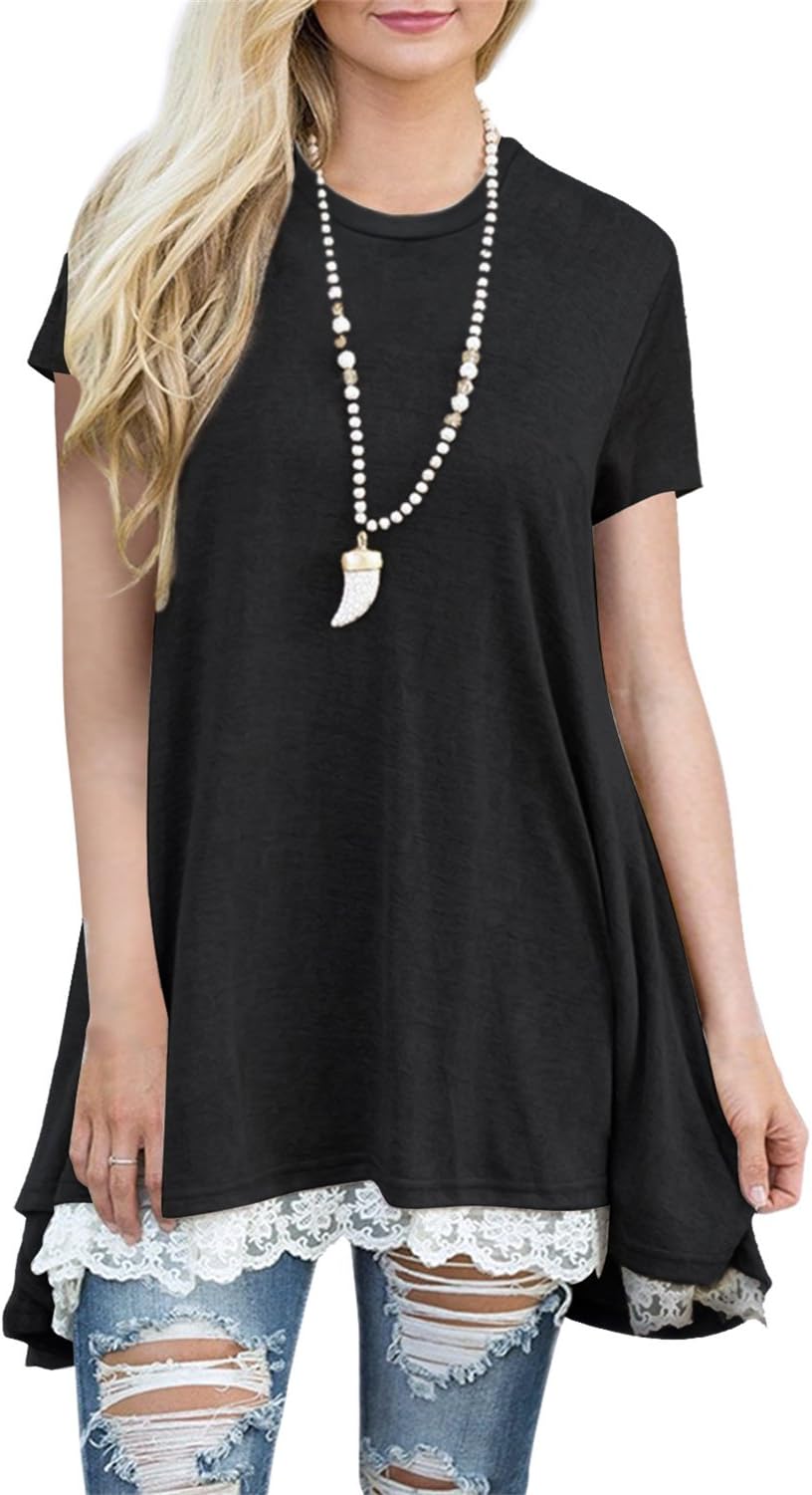 Womens Tunics Short Sleeve Lace Round Neck Swing Tunic Shirt Blouse Top XL Black