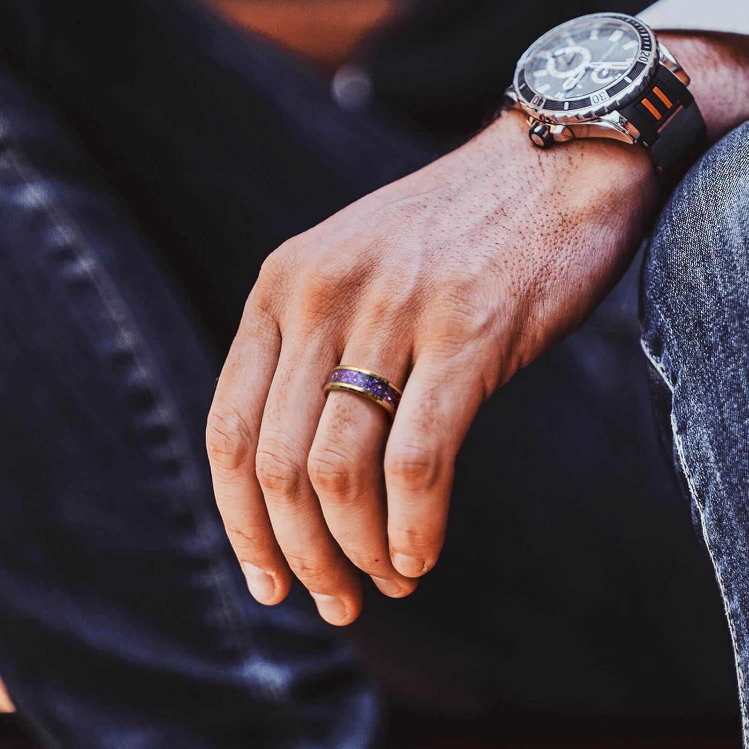 8mm Men's Gold Galaxy Ring, Tungsten Wedding Band with Purple Blue Opal and Chamfered Sparkling Finish - Comfortable Size 7-14, Comes in a Beautiful Gift Box - Image 3