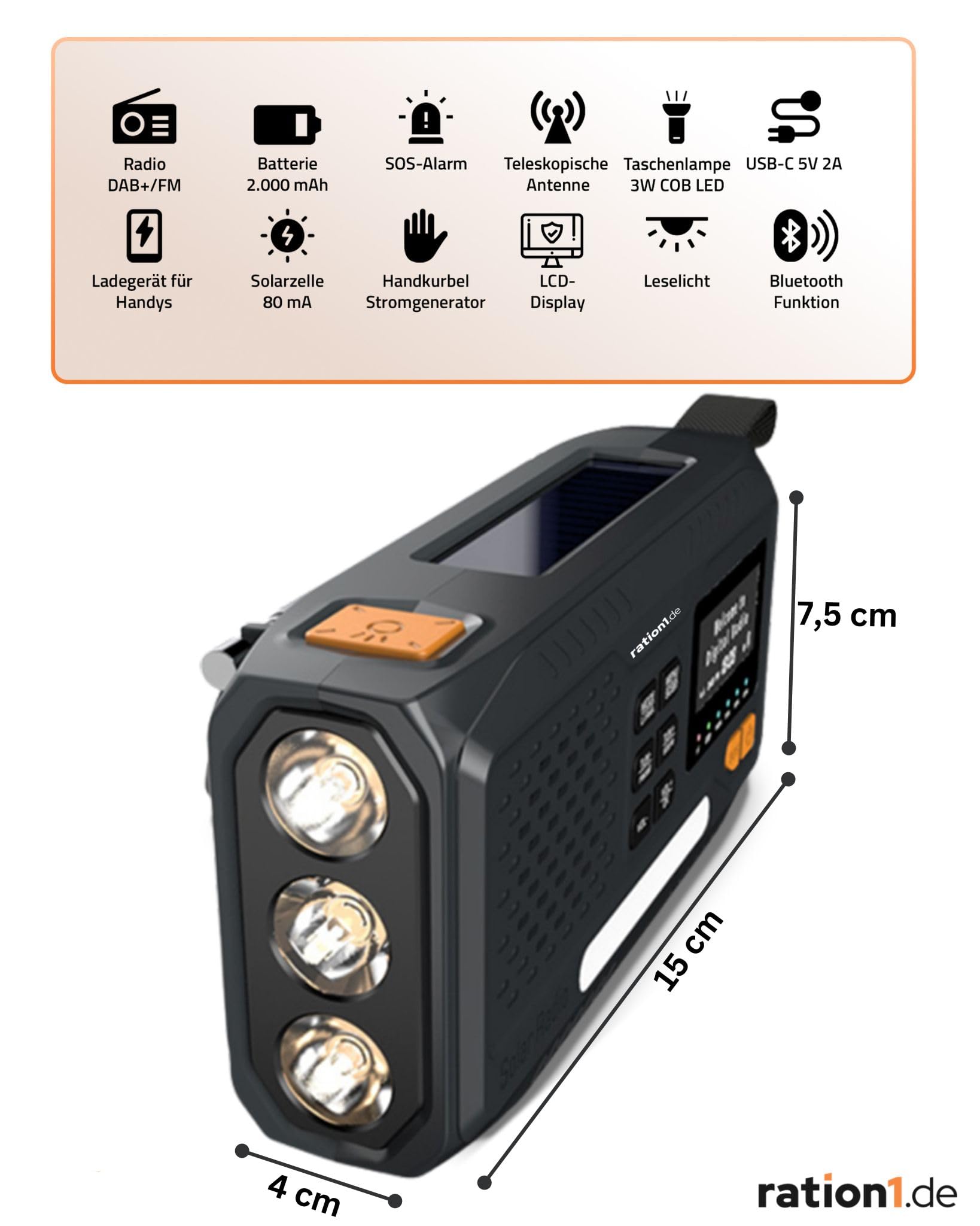 ration1 Kurbelradio DAB+, Tragbares Solarradio mit LED-Taschenlampe, 2000mAh Powerbank, Handkurbel, SOS-Funktion, Bluetooth, USB-C, für Camping und Notfall