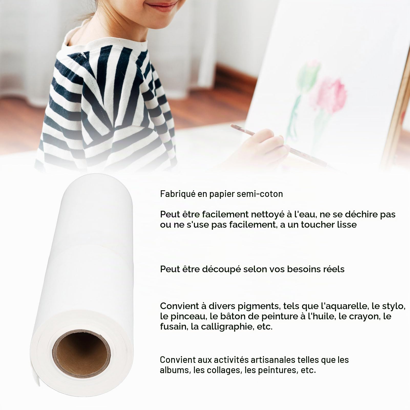 Rouleau de Papier Aquarelle, Rouleau de 10 M de Long, Papier Aquarelle en Coton Vierge, Papier D'artiste, pour Activités Artisanales, Peinture, Facile à Nettoyer (39cm*10m)