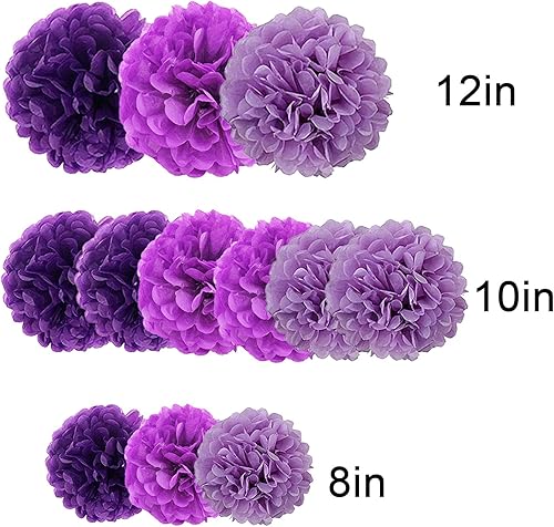 Miniatura 3 de 12 pompones de papel de seda para colgar, pompones de flores para decoración de fiestas de techo (morado oscuro, morado, morado claro)