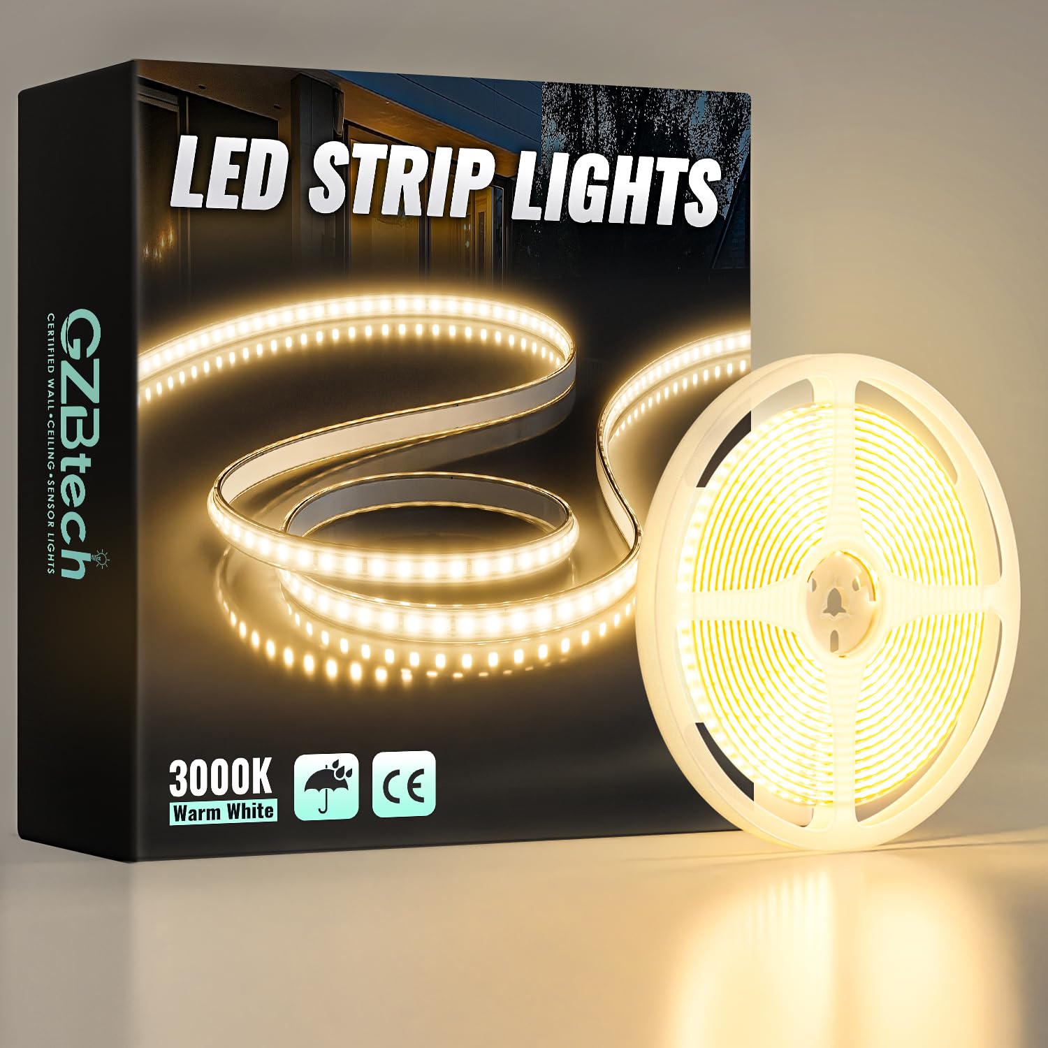GZBtech Silicone LED Strip Light 5M, 3000K Warm White LED Strip Cabinet Lighting, Cuttable Self-Adhesive Tape Light for Bedroom, Kitchen, Indoor & Outdoor, Decoration and Commercial Use