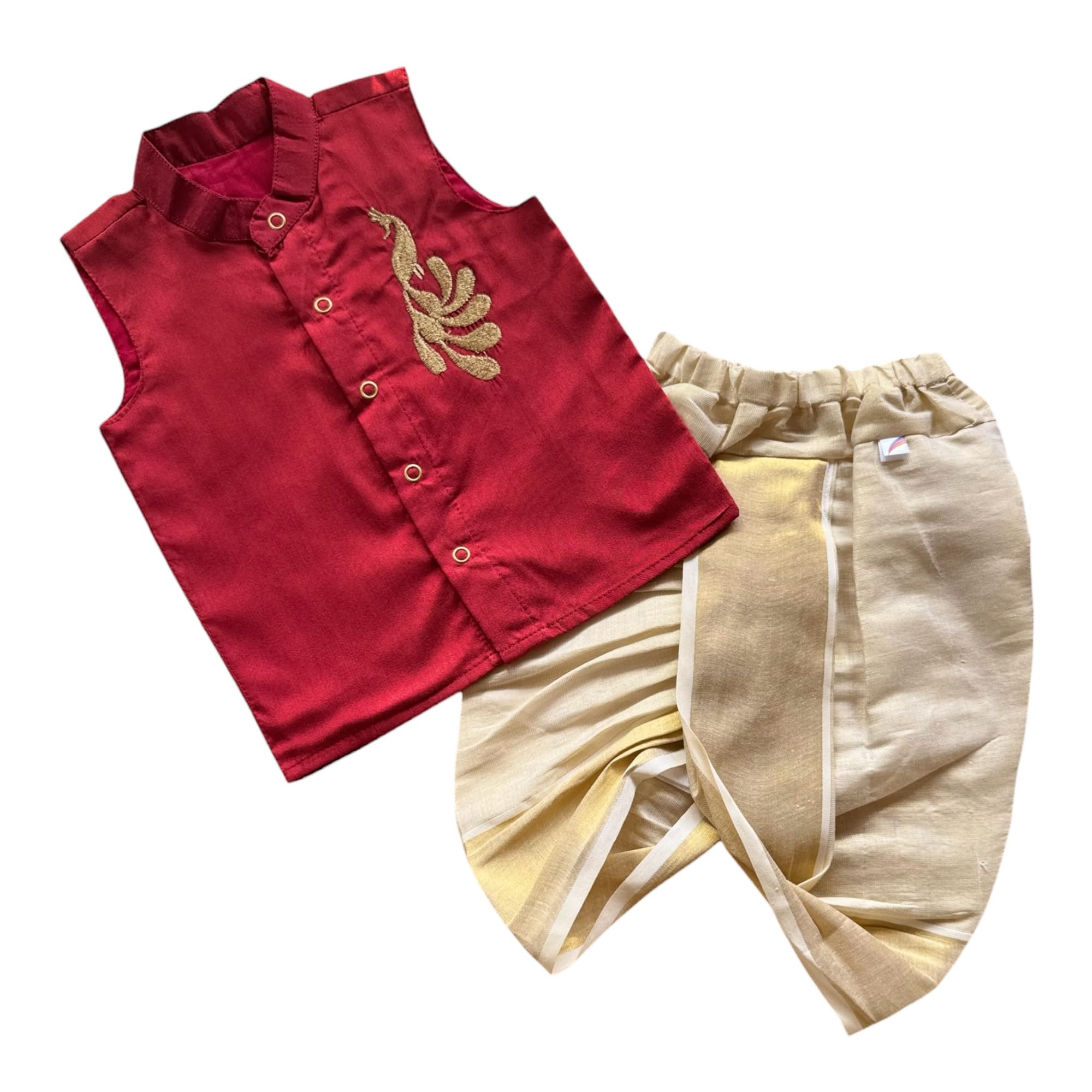 Baby Boy Cotton Silk-Tissue Kasavu Cotton Shirt with Dhoti pant (Peacock-Sleeveless)-image-39