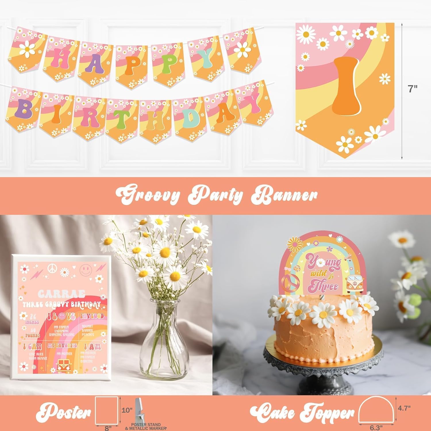 Young Wild and Three Decorations Girl, 3rd birthday decorations for girl, Boho Groovy Daisy Hippie 3rd Party Decorations, Backdrop Balloon Garland Banner Cake Topper Box Cutout Poster - Image 5