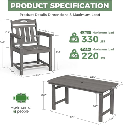 Miniatura 2 de Juego de comedor de patio al aire libre de HDPE con mesa y 6 sillas, juego de mesa y sillas de 7 piezas para todo clima, agujero para sombrilla de 2