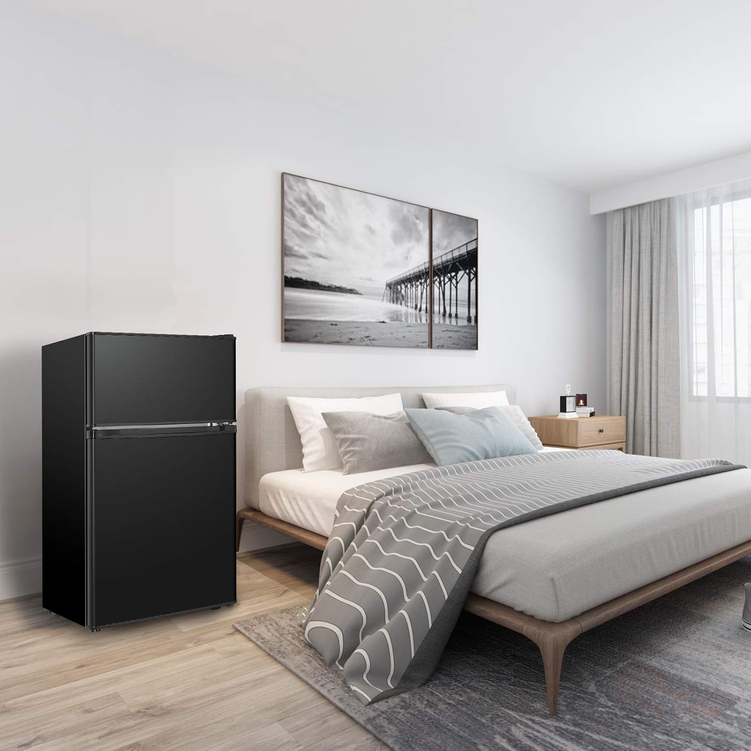 bed with mini fridge