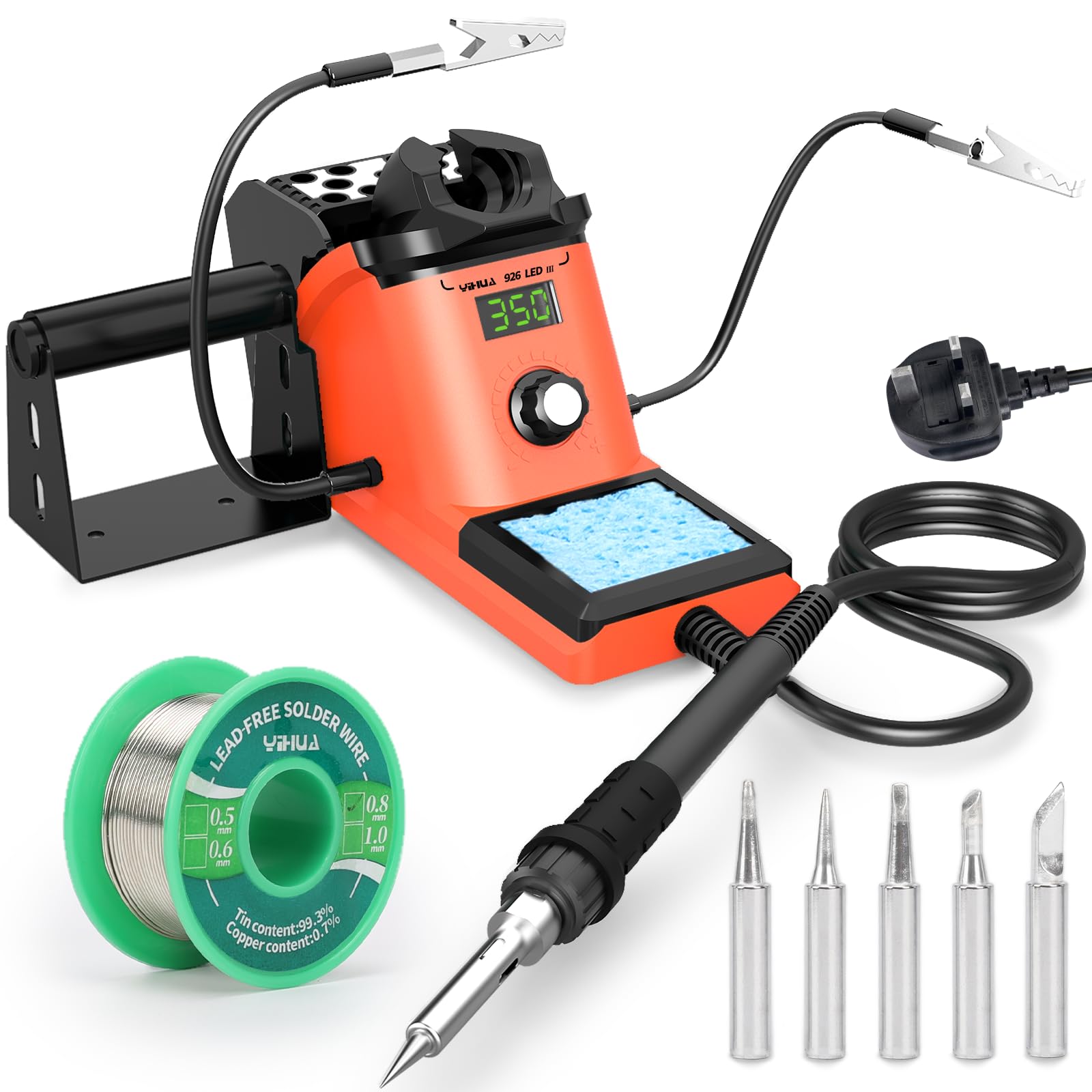 YIHUA 926LED III Soldering Iron Station Kit with 10-in-1 Helping Hands, Solder Dispenser, Lead-Free Solder, 5 Soldering Tips (UK Plug)