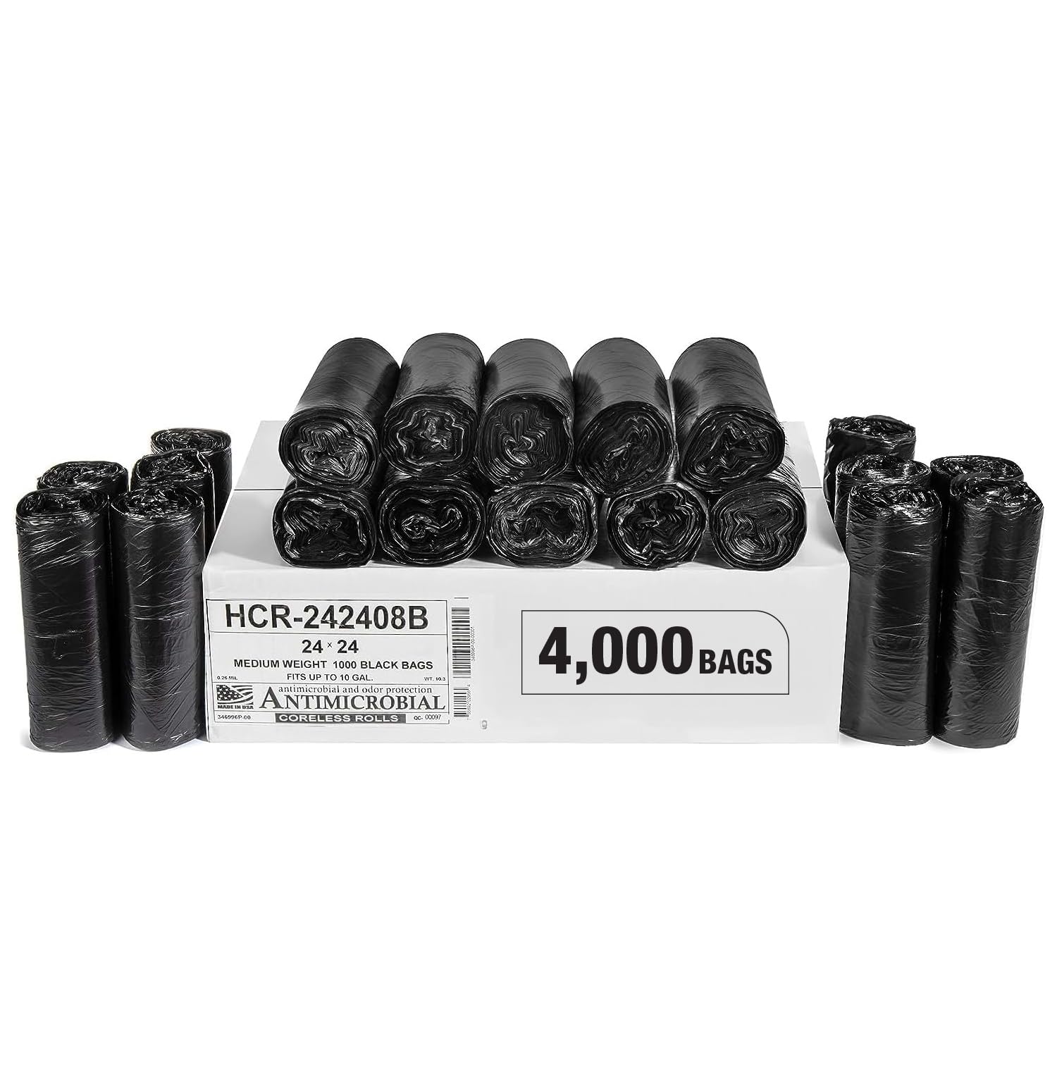 Aluf Plastics High Density Trash Bags, 10 Gallon, 4000 Count, 8 Micron (eq), 24" x 24", Black, for Bathroom, Office, Industrial, Commercial, Janitorial, Municipal, Recycling