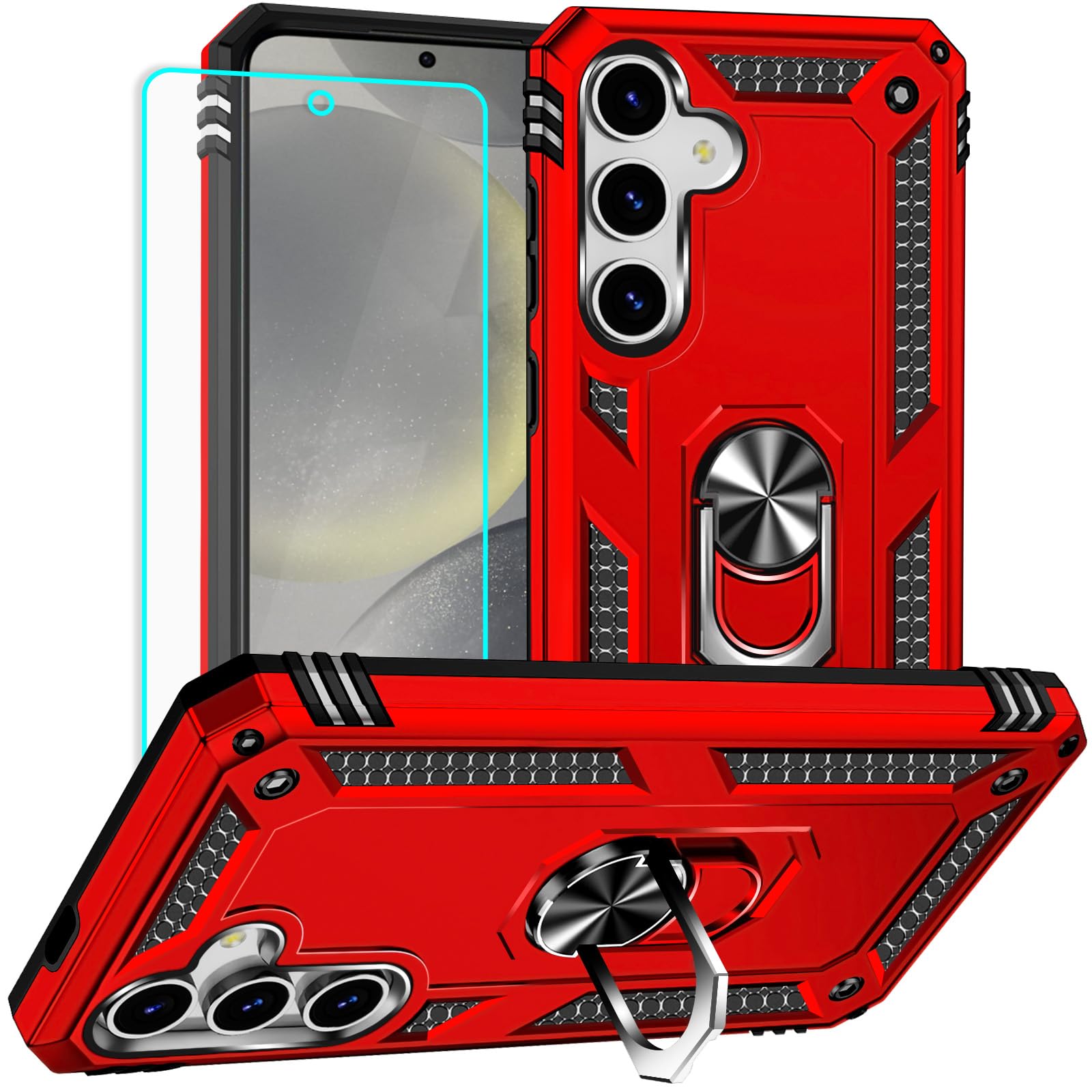 Yiakeng for Samsung Galaxy S25 Case: with Screen Protector - Military Grade Protective Cases with Finger Ring Holder Kickstand for Samsung S25(Red)