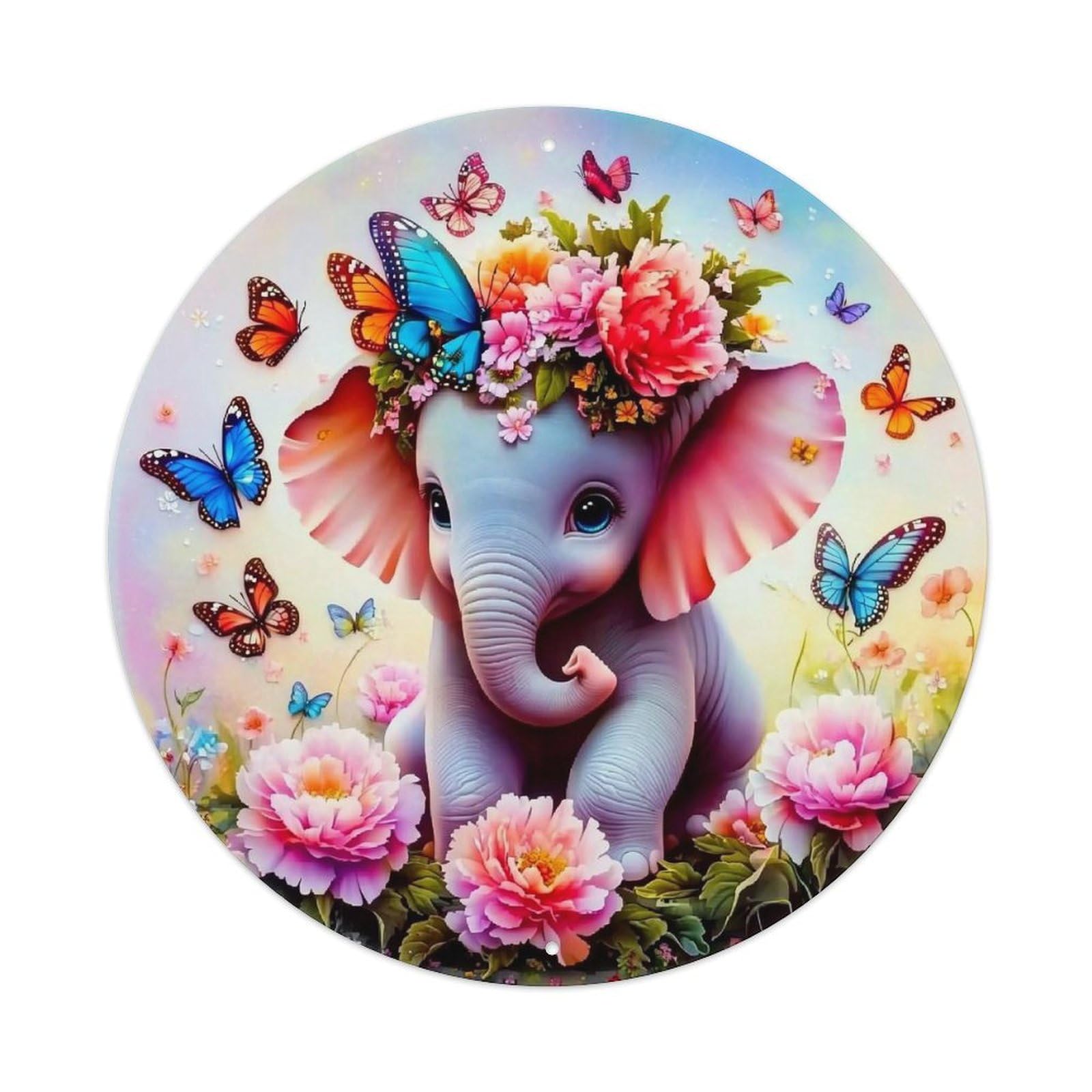 Cute Elephant With Flowers Butterflies Vintage Metal Tin Sign Retro Wall Decor for Home Bar Garage Cafe, Indoor & Outdoor Decorative，circle Metal Poster, 8x8 Inch