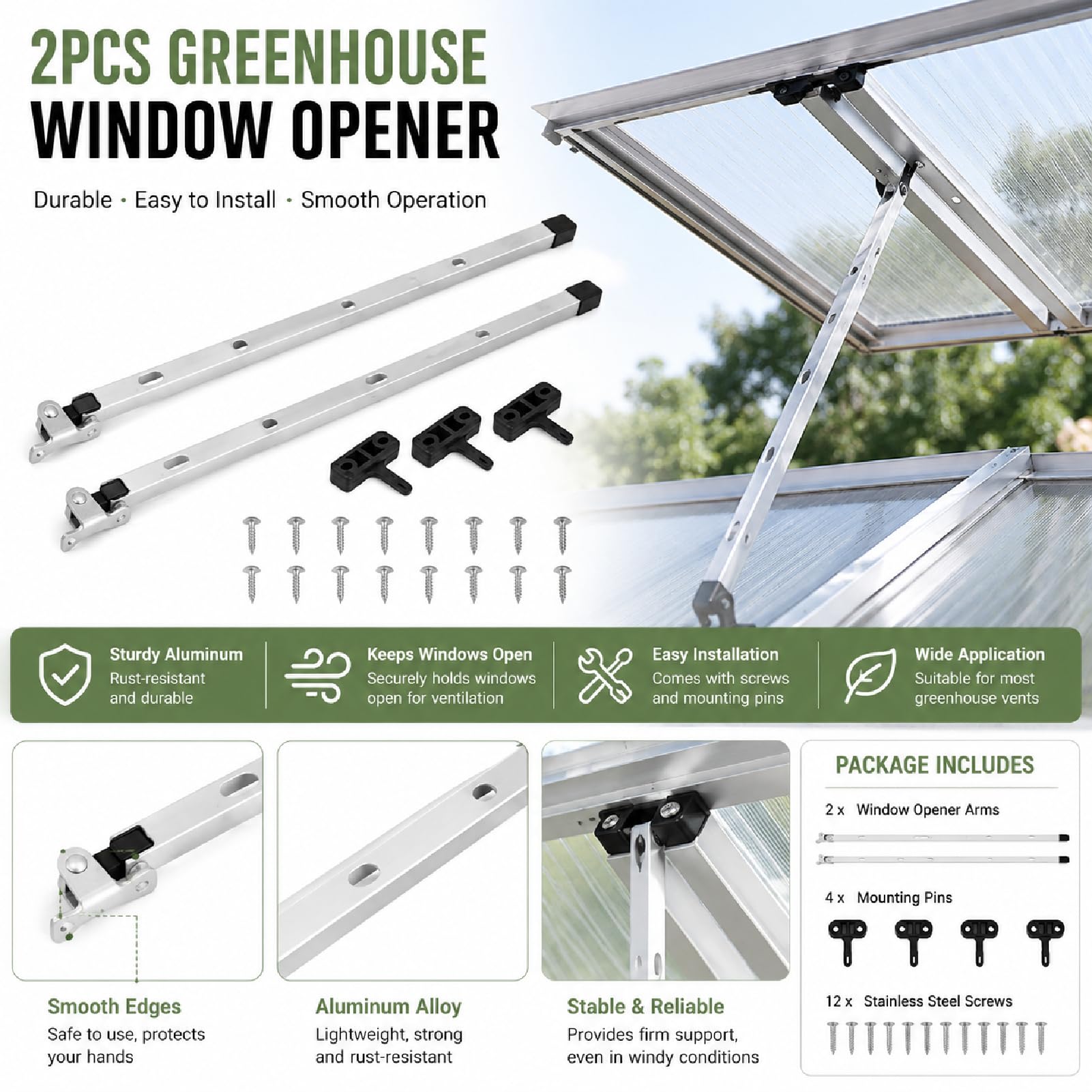 HERCHR 2PCS Gewächshaus Fensteröffner, Manuelle Aluminiumöffner Stay Kit Dachentlüftungsöffner Für Die Gartenarbeit, Fensterfeststeller, Fensterheber Gewächshaus