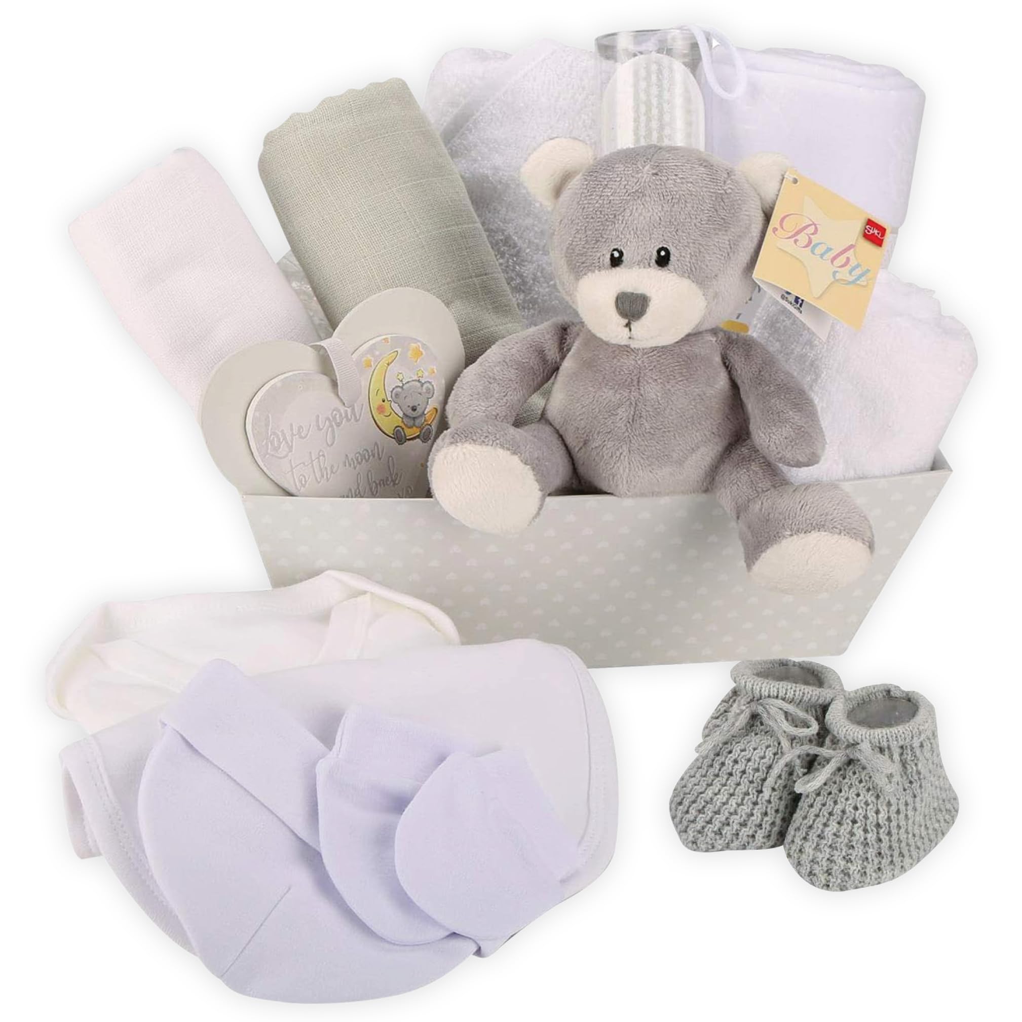 Baby Box Shop – 14 Babygeschenke, ideal für Babypartygeschenke, Unisex-Babygeschenke, mit neuen Babyartikeln für Neugeborene und einem grauen Plüsch-Teddybären