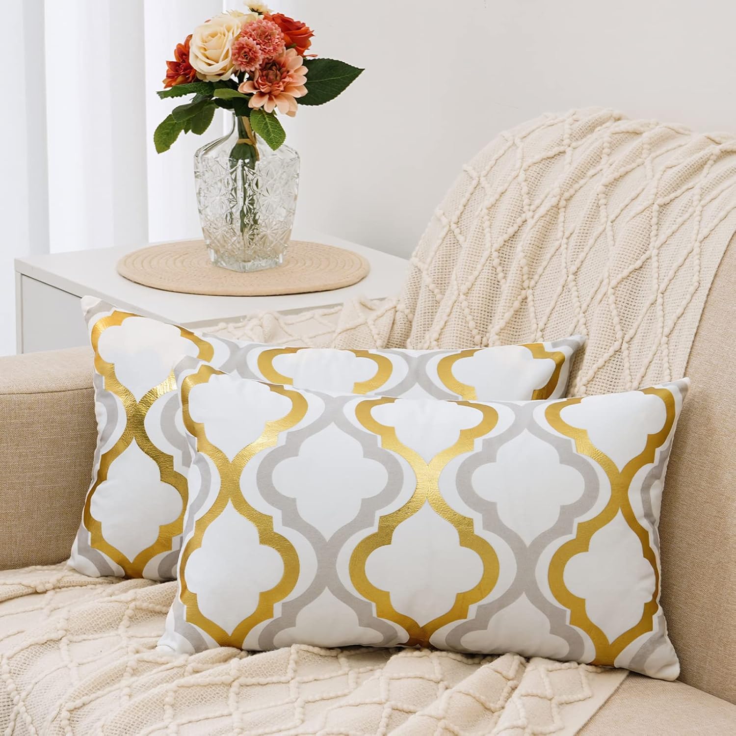 UINI White and Gold Pillow Covers 12x20 Inch, Set of 2 Decorative Gold Pillow Covers, Modern Soft Velvet Pillowcase Cushion Cover for Couch, Bedroom, Living Room