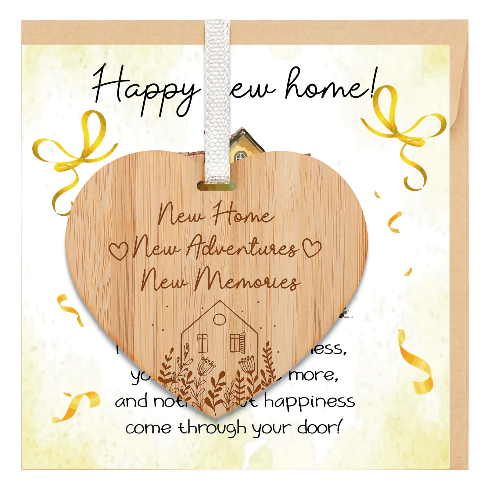 Welsky New Home Card with Envelope, New Home Gifts Greeting Cards with Wooden Heart Plaque, House Warming Gifts for Women Men Sister Brother Friends Colleague — image 1