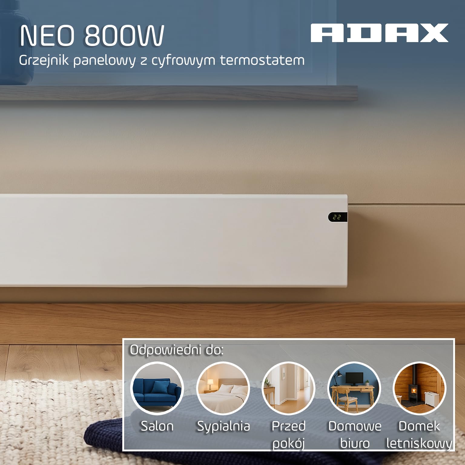 Adax Neo NL - konwektor, nowoczesne ogrzewanie elektryczne, 800W, niska wysoko˜‡ 200mm | KDT Biaˆy | ochrona przed zamarzaniem | IP20C
