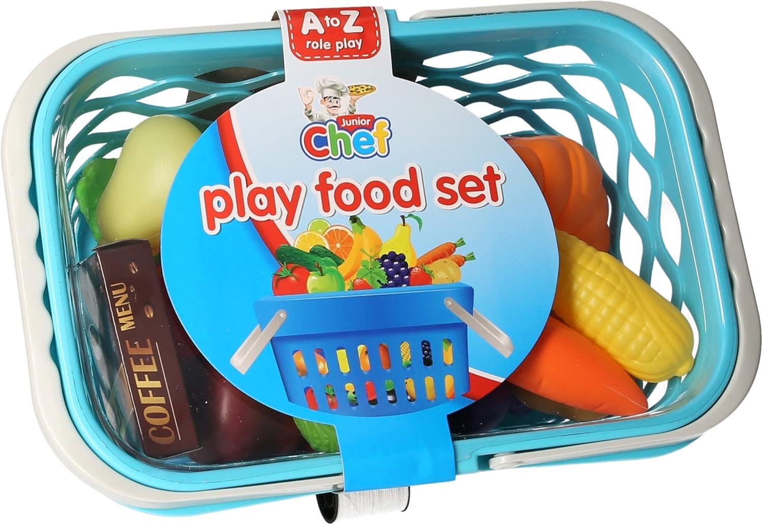 A2Z 4 Kids Junior Chef Play Food Set with Shopping Basket, 20+ Piece Pretend Kitchen Toy, Plastic Fruit Vegetables & Grocery Accessories, Educational Role Play Toy for Boys & Girls