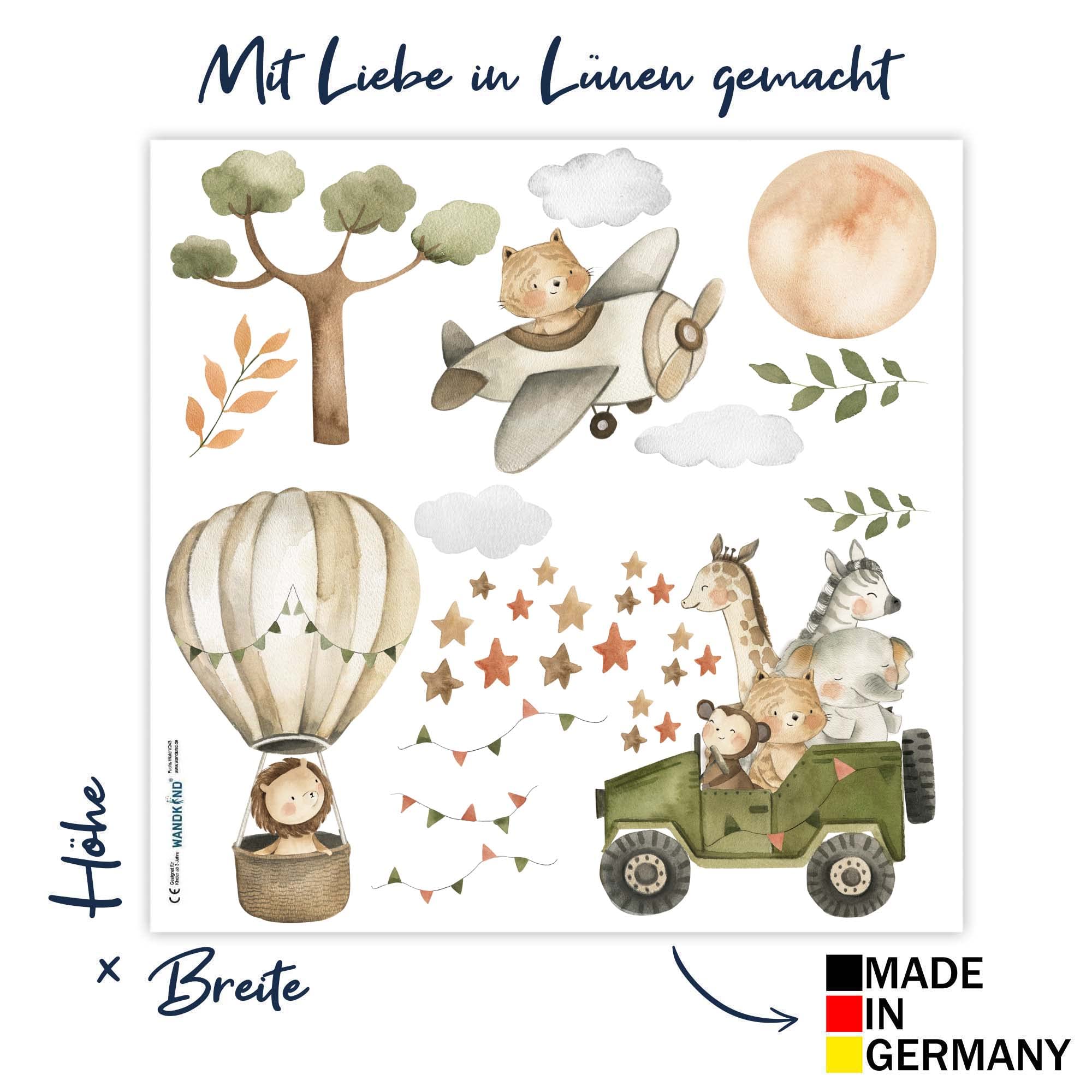 WANDKIND Safari Tiere Afrika Wandtattoo Safari Kinderzimmer V368 | handgezeichnet | AUFKLEBER Kindergarten | Wandsticker Dschungel mit Löwe Elefant Giraffe Zebra (100 x 100 cm)
