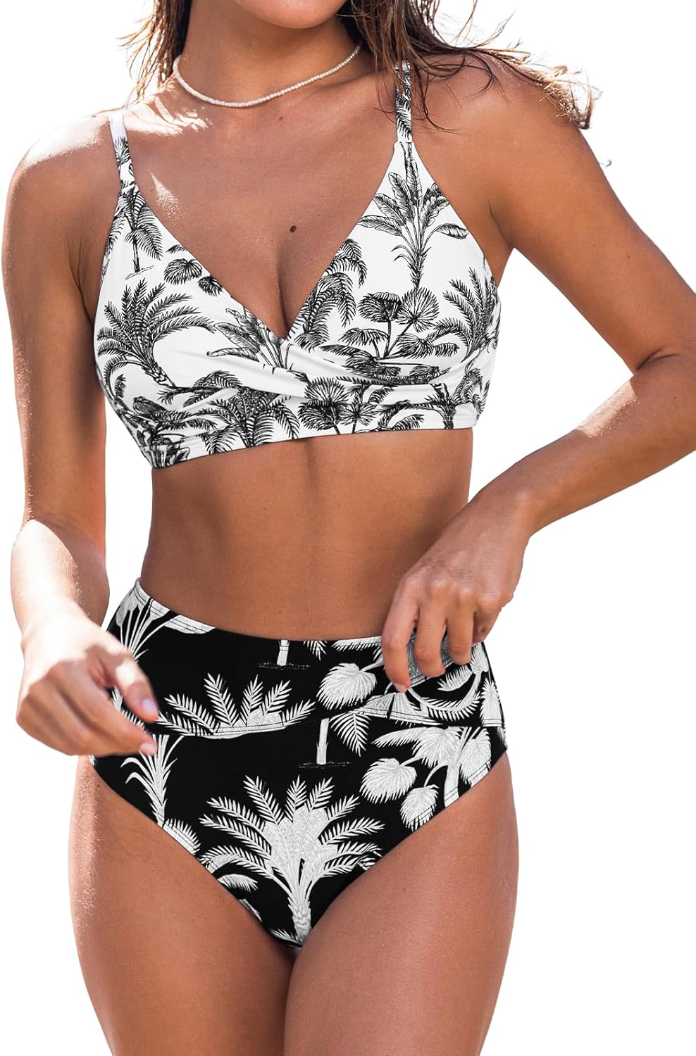 CUPSHE Women's Bikini Sets Two Piece Swimsuit High Waisted V Neck Twist Front Adjustable Spaghetti Straps Bathing Suit