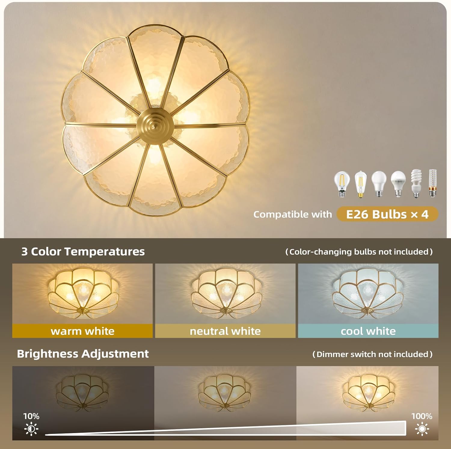 Brass Vintage Gold Ceiling Light - Large 17.7 Inch Hammered Glass Mid Century Flush Mount Lighting Fixtures - Art Deco Antique Modern Lamps for Hallway Bedroom Kitchen Entryway Laundry Foyer Bathroom