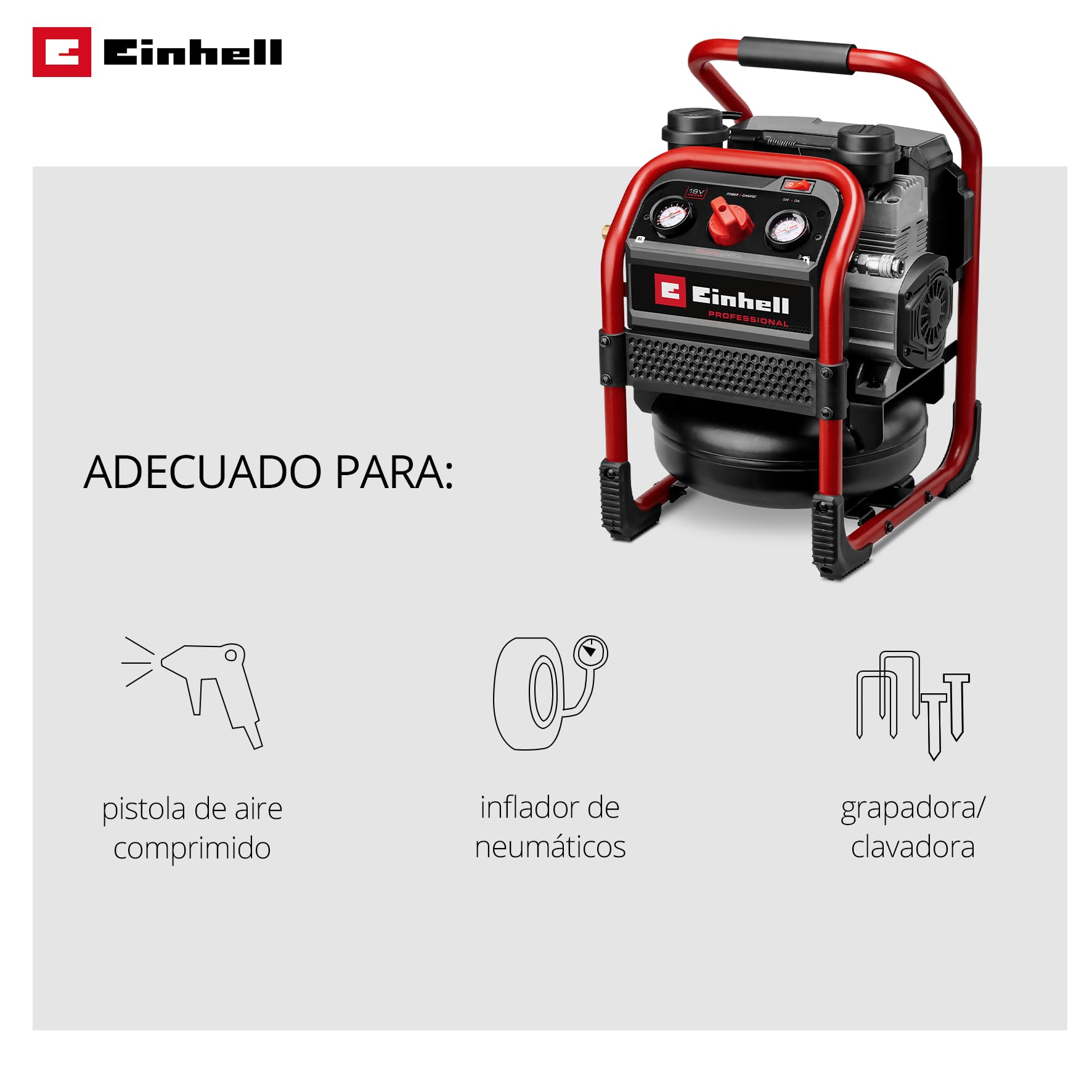 Einhell Professional Compresor con batería SILENZZO 18/160 Power X-Change (18 V, máx. 8 bar, depósito de 6 l, potencia de aspiración 160 l/min, manómetro, sin aceite, silencioso, sin batería)