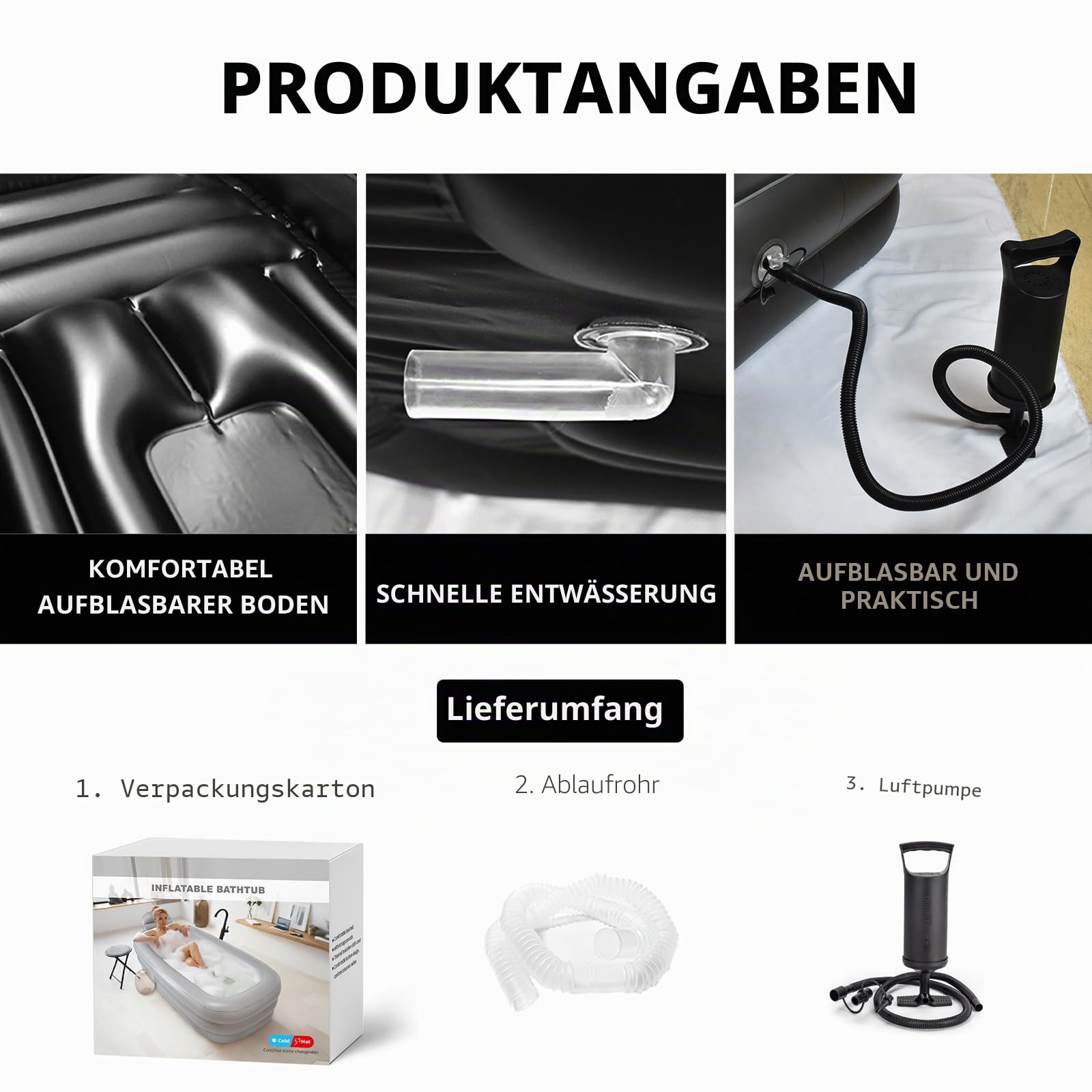 Inflatable Bath Ice Bath – Aufblasbare Badewanne für Dusche, Faltbare Badewanne für Erwachsene, Ideal als Eisbad & Eisbaden Tonne zur Regeneration, 158×95×45 cm, Dunkelgrau