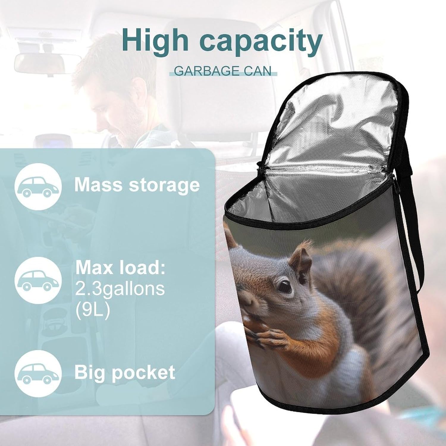 Cute Squirrel Car Trash Can with Lid & Zipper Hanging Garbage Bin Waterproof Leakproof Car Garbage Can Portable Automotive Waste Basket Bin Reusable Car Garbage Bag for All Vehicle