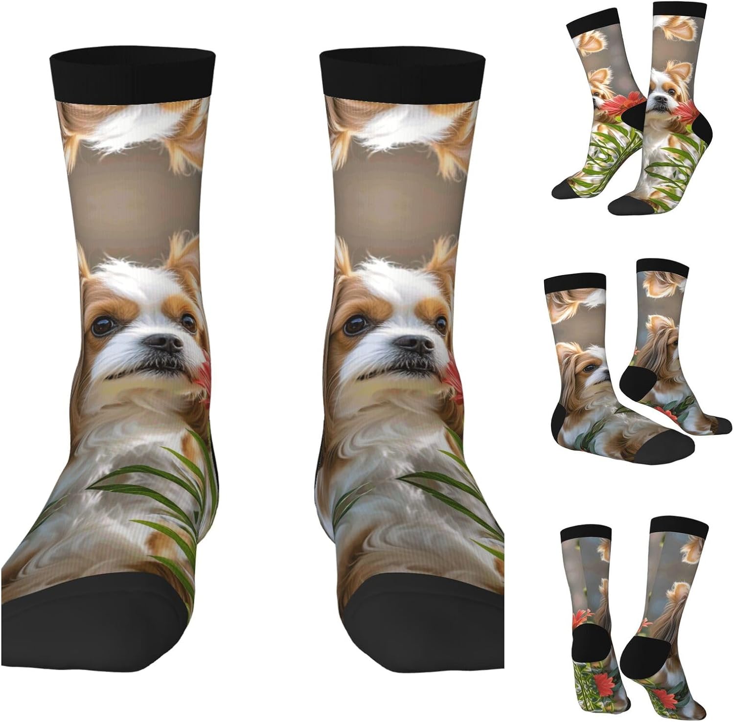Calf Socks Casual Above Ankle Sock Shih Tzu dog and flowersCrew Socks for Men Women Moisture Wicking Cushion Sports