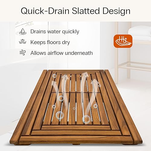 Miniatura 3 de StrongTek Tapete de baño grande de teca, 35.4 x 20 pulgadas, tapete de ducha de madera maciza con diseño de listones, previamente aceitado y